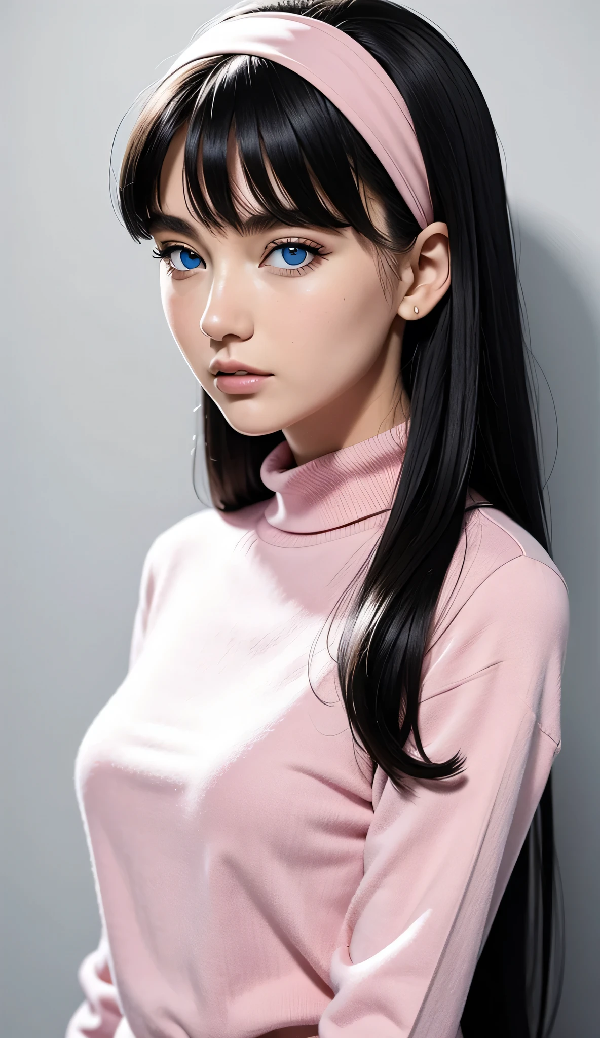 ultra-detailliert, (Real: 1.5), Very detailed, ultra-detailliert, Extreme Detail, High quality, Full body, Solo, 1 woman, Cool face, detailed eyes, detailed nose, (Exquisite facial features), Studio Lighting, tween, flat chest, blue eyes, black hair, long hair, straight hair, bangs, pink headband, pink turtleneck sweater, white miniskirt