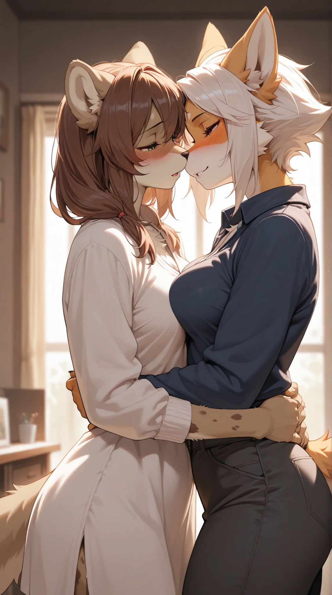 female, furry, young, black white gray brown deer, two girls, bushy short tail, small breasts, thin body, skinny, curved thighs, detailed fur, kissing girl, in heat, horny, humping, yuri, lesbian, no clothes, nude, scissoring, tribadism, missionary position, cuddling, grinding, on wooden floor, in hallway, sweating, cumming, high quality, masterpiece, detailed fur, detailed vagina,