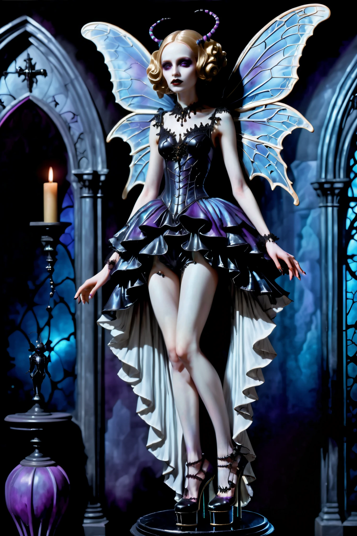 Surrealist art, dream-like, Ethereal. Plaster statue. Party girl, with realistic bug wings blue and purple, wearing extremely high platform heels. Extremely Intricate, Mysterious, Provocative, Symbolic, Highly Complex, Highly detailed, (Gothic and very beautiful:1.4),Solid black background, (masterpiece, highest quality) God's beauty