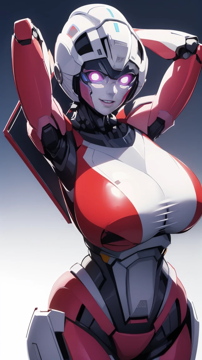 ROTB_Arcee, 1girl, big breasts, smile, robot, mecha, (glowing eyes:1.2), arms behind head