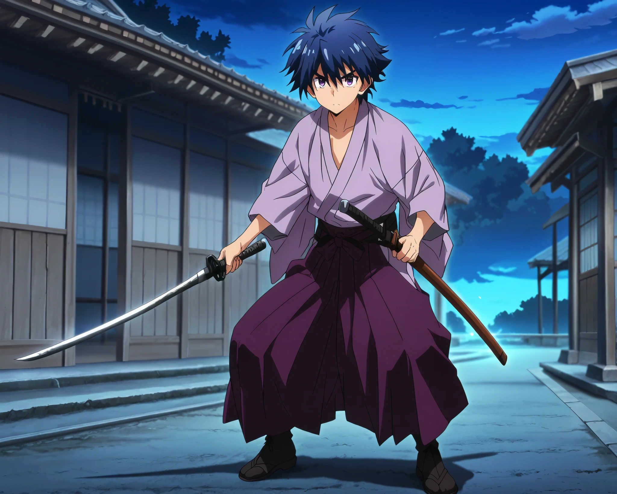 ((masterpiece)), ((best quality)), ((ultra-detailed)), score_9_up, score_8_up, score_7_up, HD, top quality, best quality, High-quality illustrations, anime screencap, perfect anatomy, 1boy, 1male, male anime character, anime boy, solo male, male focus, Takeru Taiga, blue hair, purple eyes, Japanese, night time, japanese clothes, hakama, Purple kimono, full body, Katana sheath behind back, holding Bokken sword in right hand