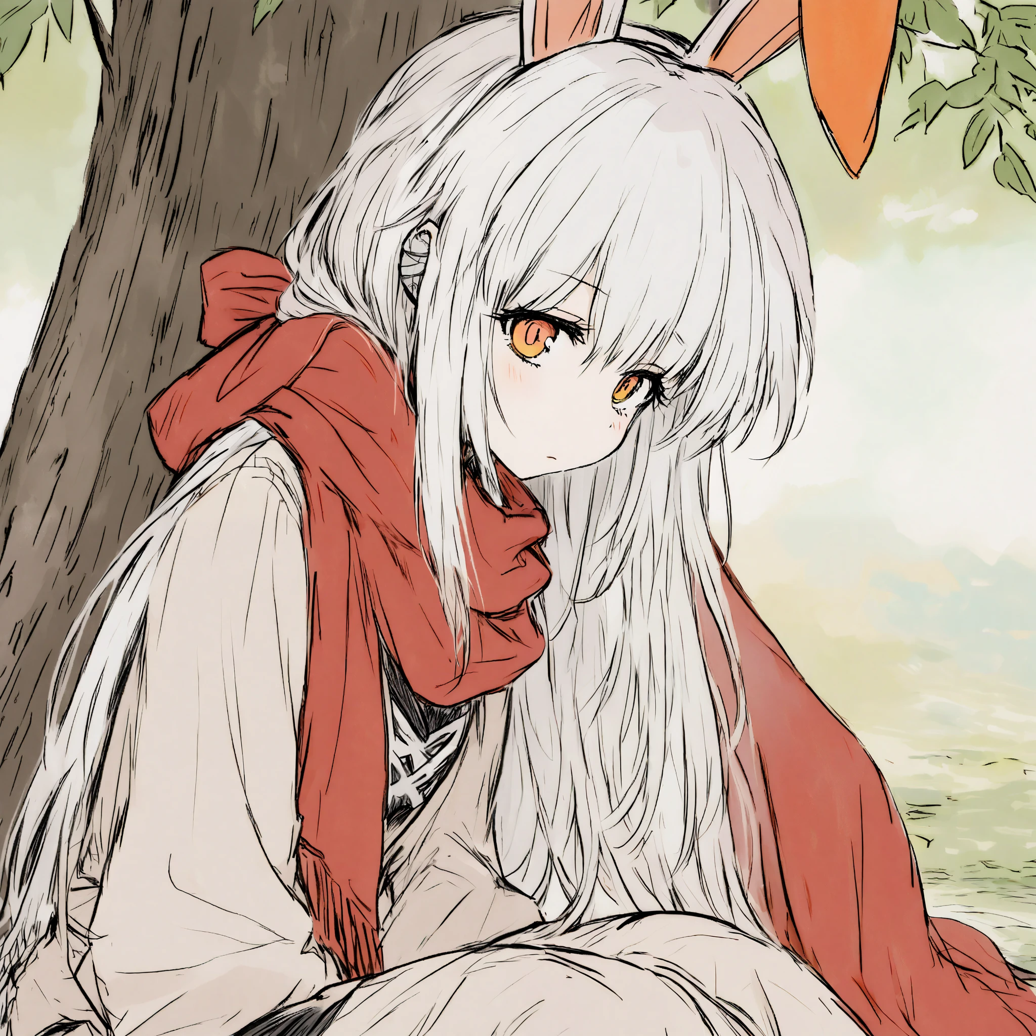 Bunny Ear Girl / Red scarf / Leaning against a tree / Orange eyes / Long white hair / There is a bandage on the right ear