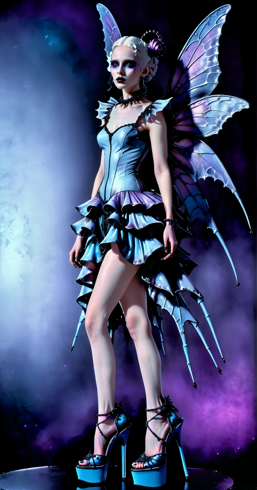 Surrealist art, dream-like, Ethereal. Plaster statue. Party girl, with realistic bug wings blue and purple, wearing extremely high platform heels. Extremely Intricate, Mysterious, Provocative, Symbolic, Highly Complex, Highly detailed, (Gothic and very beautiful:1.4),Solid black background, (masterpiece, highest quality) God's beauty