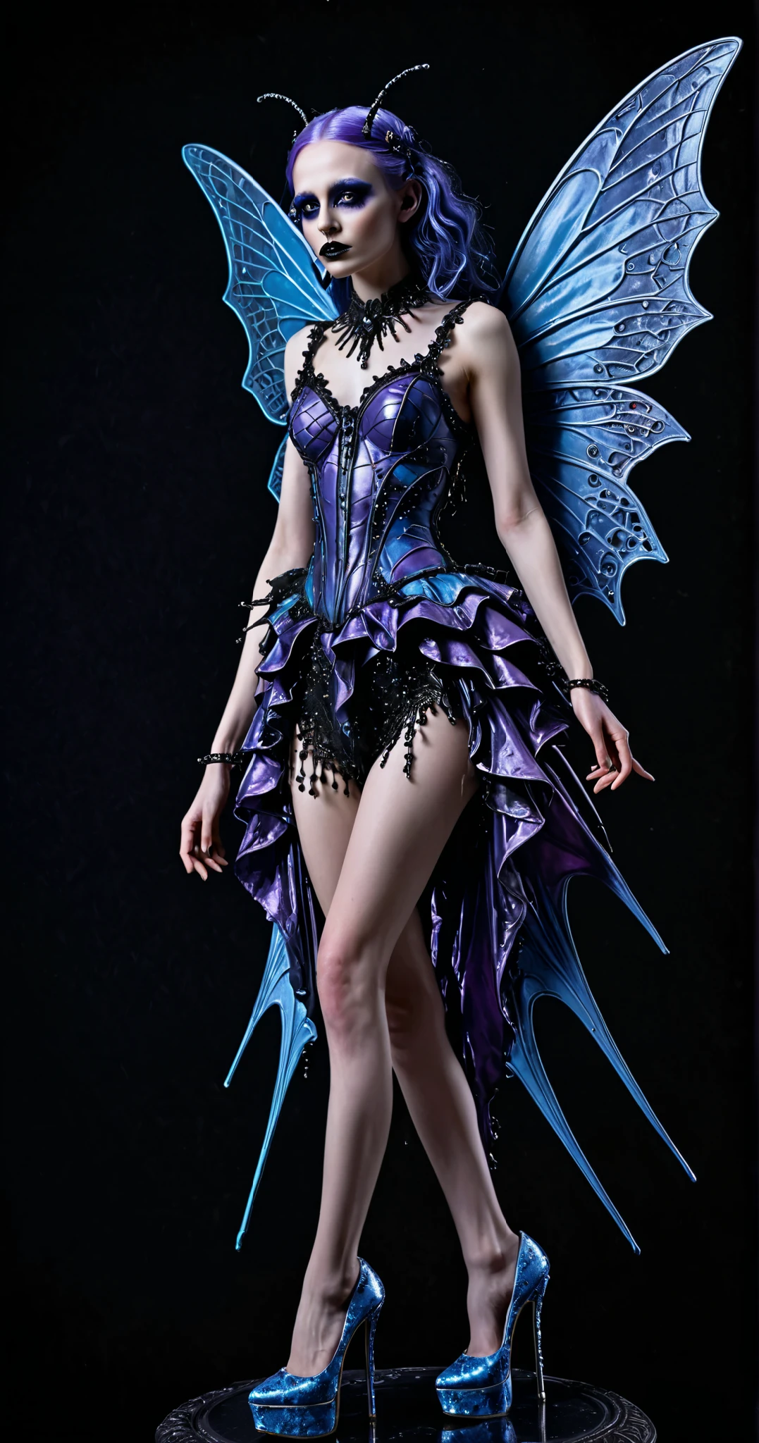Surrealist art, dream-like, Ethereal. Plaster statue. Party girl, with realistic bug wings blue and purple, wearing extremely high platform heels. Extremely Intricate, Mysterious, Provocative, Symbolic, Highly Complex, Highly detailed, (Gothic and very beautiful:1.4),Solid black background, (masterpiece, highest quality) God's beauty