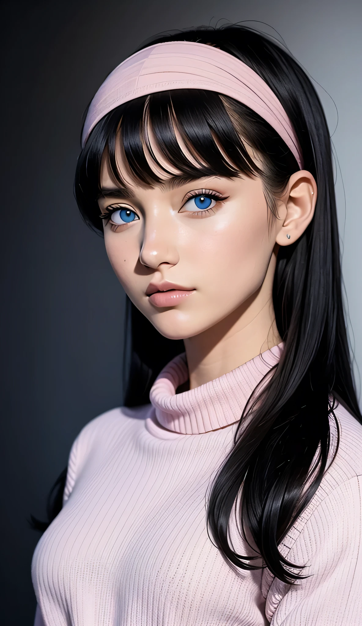 ultra-detailliert, (Real: 1.5), Very detailed, ultra-detailliert, Extreme Detail, High quality, Full body, Solo, 1 woman, Cool face, detailed eyes, detailed nose, (Exquisite facial features), Studio Lighting, tween, small breasts, blue eyes, black hair, long hair, straight hair, bangs, pink headband, pink turtleneck sweater, white miniskirt