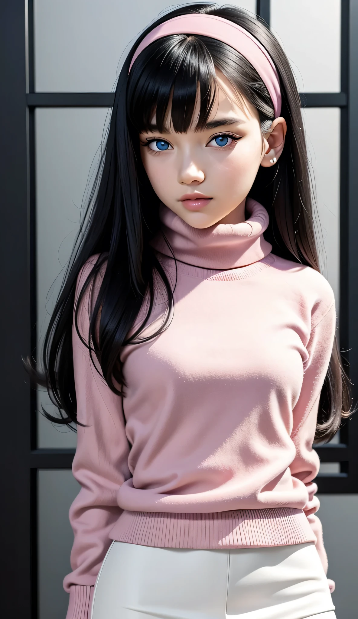 ultra-detailliert, (Real: 1.5), Very detailed, ultra-detailliert, Extreme Detail, High quality, Full body, Solo, 1 woman, Cool face, detailed eyes, detailed nose, (Exquisite facial features), Studio Lighting, tween, small breasts, blue eyes, black hair, long hair, straight hair, bangs, pink headband, pink turtleneck sweater, white miniskirt