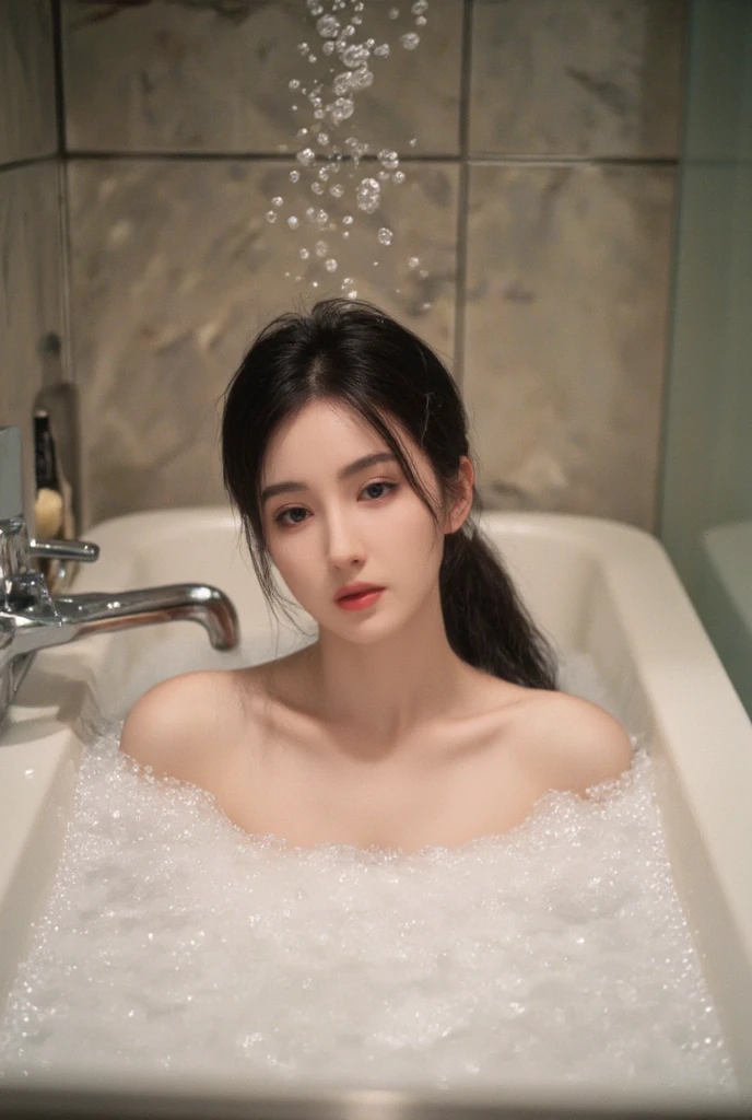 black hair girl,transparent white shirt,Superskirt,Soap Bubbles,Sit in the bathtub,Flushing on the face,Get wet all over your body,The expression is shy,High- sharpness,A high resolution,Chinese beautiful woman,a asian beauty,pony tails