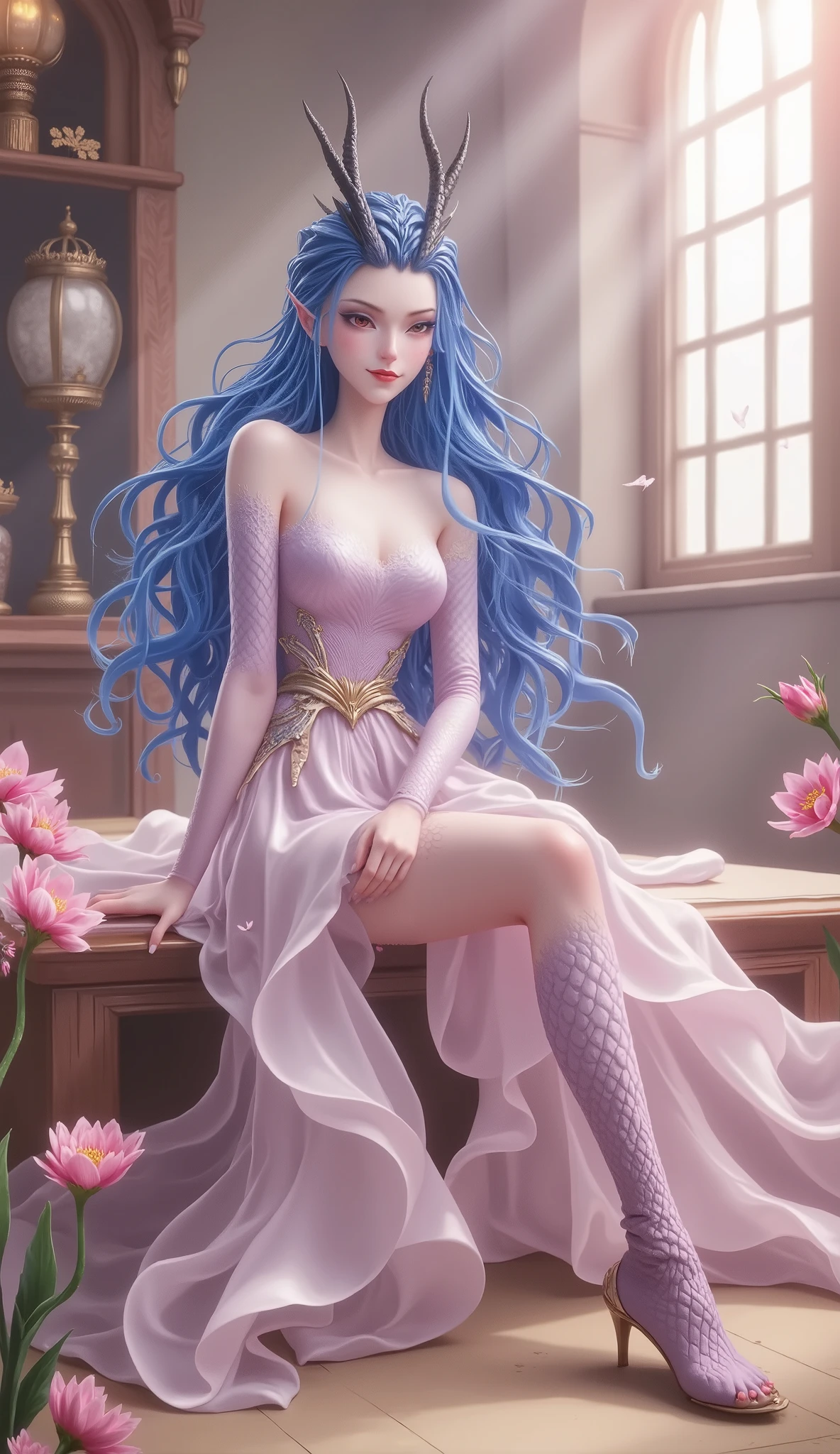 Dragon Girl,  unique ，  blue hair, 