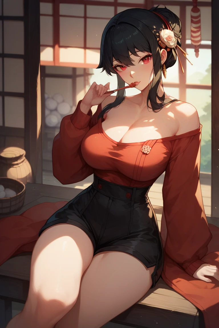 masterpiece, 1girl, Amazing Cleavage:1.3, thin waist, big ass, Raised sexy, small breast:1.0,posed cleavage:1.2,solo, looking at viewer, open mouth, have a cup of coffee,black hair, red eyes, dress, bare shoulders, jewelry, collarbone, sidelocks, hairband, earrings, indoors, off shoulder, :o, sweater, arms behind back, plant, short hair with long locks, white hairband, off-shoulder dress, sweater dress, off-shoulder sweater, red sweater, big side hair, very long side hair,is rendered in (masterpiece: 1.2, best quality), with (ultra high resolution) and an exquisite (depth of field). This masterpiece is not only visually stunning but also tells, make of cooking some cakes ,in the kitchen
