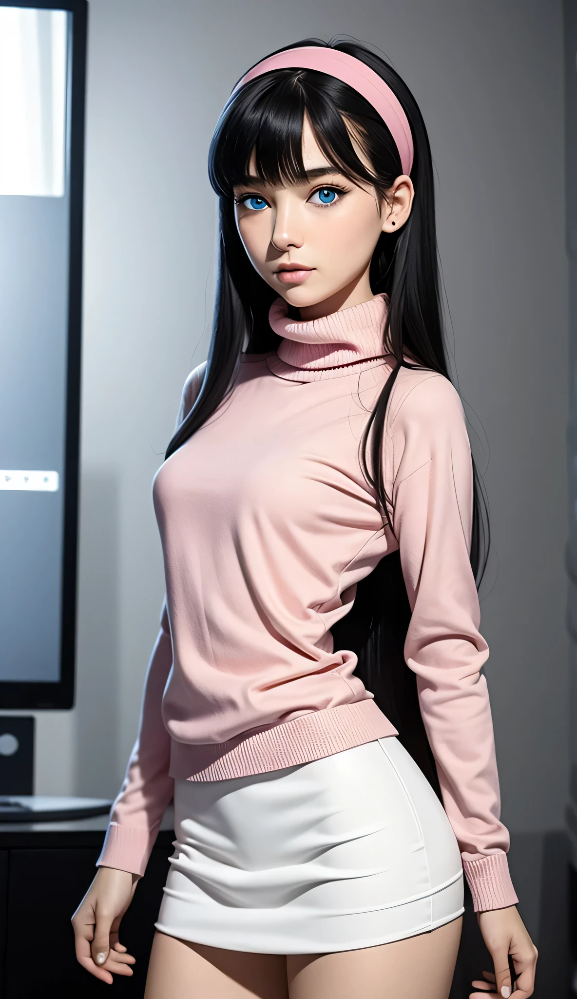 ultra-detailliert, (Real: 1.5), Very detailed, ultra-detailliert, Extreme Detail, High quality, Full body, Solo, 1 woman, Cool face, detailed eyes, detailed nose, (Exquisite facial features), Studio Lighting, tween, small breasts, blue eyes, black hair, long hair, straight hair, bangs, pink headband, pink turtleneck sweater, white miniskirt
