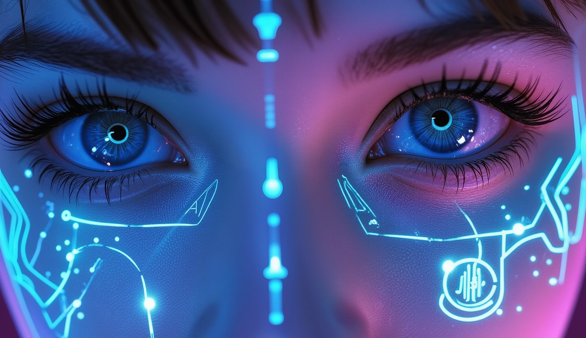 /imagine prompt: "A cyberpunk-inspired close-up portrait of a young woman with glowing neon-blue augmented reality (AR) interface markings embedded on her face. Her eyes are an intense, luminous blue with high detail, reflecting futuristic city lights. Her long, thick eyelashes contrast against the glowing cybernetic patterns. Her skin is soft and lightly freckled, illuminated by the vibrant neon lights. The markings resemble intricate circuit designs, symmetrically wrapping around her face with detailed digital glyphs. The background is blurred but filled with a mix of pink and blue neon lights, creating a deep, immersive futuristic city atmosphere. The lighting is dramatic, with cyberpunk aesthetics, high contrast, and soft reflections bouncing off her metallic facial implants. A highly detailed, ultra-realistic digital painting, cinematic lighting, sci-fi photography, high-definition textures --ar 16:9 --v 6.0"
