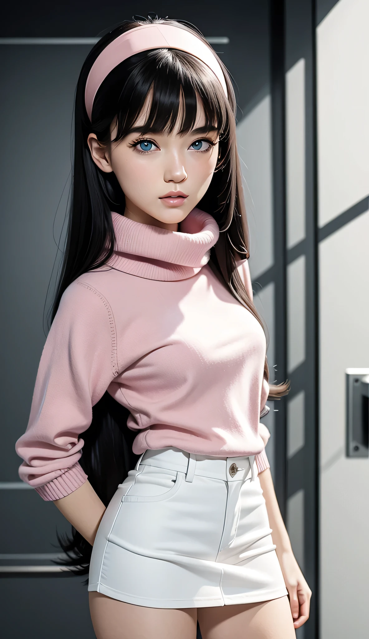 ultra-detailliert, (Real: 1.5), Very detailed, ultra-detailliert, Extreme Detail, High quality, Full body, Solo, 1 woman, Cool face, detailed eyes, detailed nose, (Exquisite facial features), Studio Lighting, tween, small breasts, blue eyes, black hair, long hair, straight hair, bangs, pink headband, pink turtleneck sweater, white miniskirt 