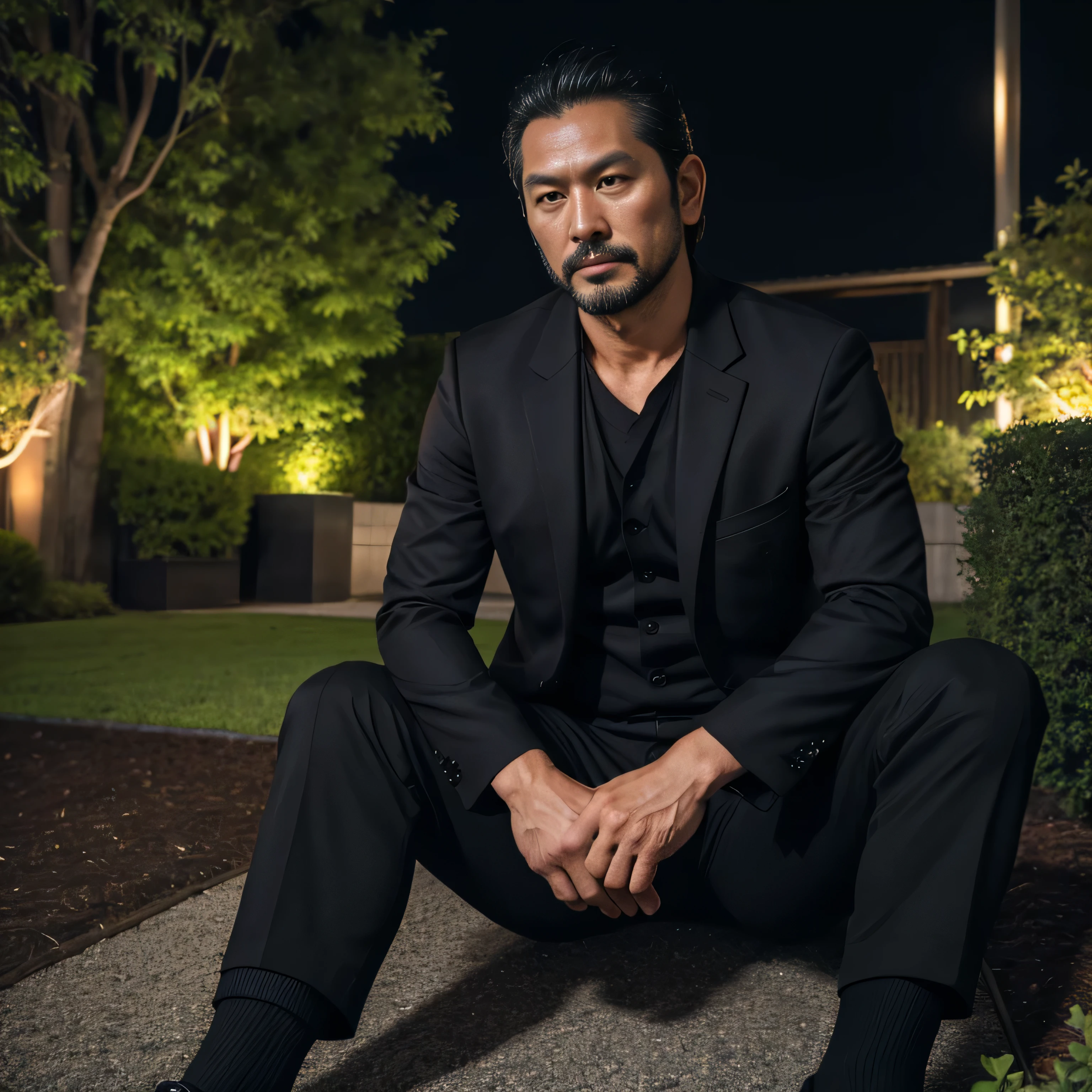 39 years old、handsome guy ,  1 Man, black suit、 black shirt、 black slim pants、Hiroyuki Tashiro 。、Garden at Night。　Menacing look　　 Face Up 　 stubble、 Face Up 　　　　Painful and painful face 　sit　Black socks　A manly warrior