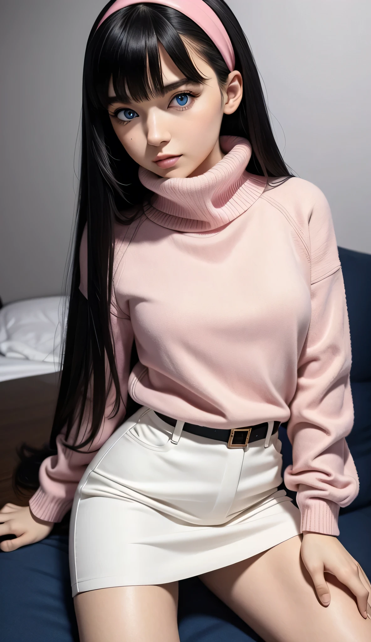 ultra-detailliert, (Real: 1.5), Very detailed, ultra-detailliert, Extreme Detail, High quality, Full body, Solo, 1 woman, Cool face, detailed eyes, detailed nose, (Exquisite facial features), Studio Lighting, tween, small breasts, blue eyes, black hair, long hair, straight hair, bangs, pink headband, pink turtleneck sweater, white miniskirt