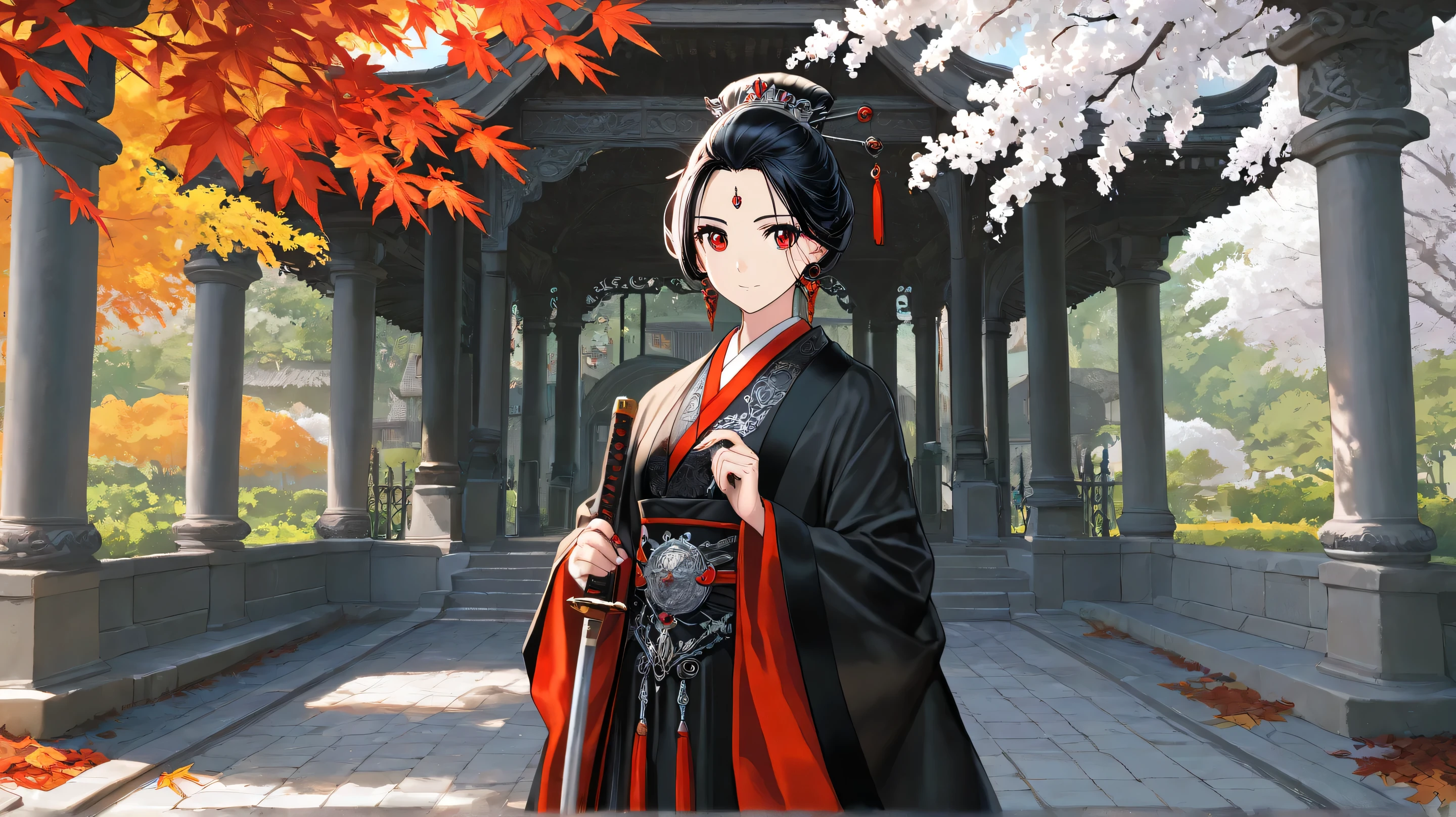 Masterpiece, Best Quality, Top Quality, Very Detailed, A stunning warrior princess dressed in an elegant black hanfu with intricate silver embroidery, holding a katana with poised confidence. Her piercing red eyes and porcelain skin create a striking contrast, and her dark hair is styled in an elaborate updo adorned with delicate white blossoms and red accents. The scene is set in a traditional courtyard with red pillars, as autumn leaves gently fall around her, adding a touch of mystique. The atmosphere is both fierce and graceful, exuding power, beauty, and elegance in a cinematic, highly detailed art style.