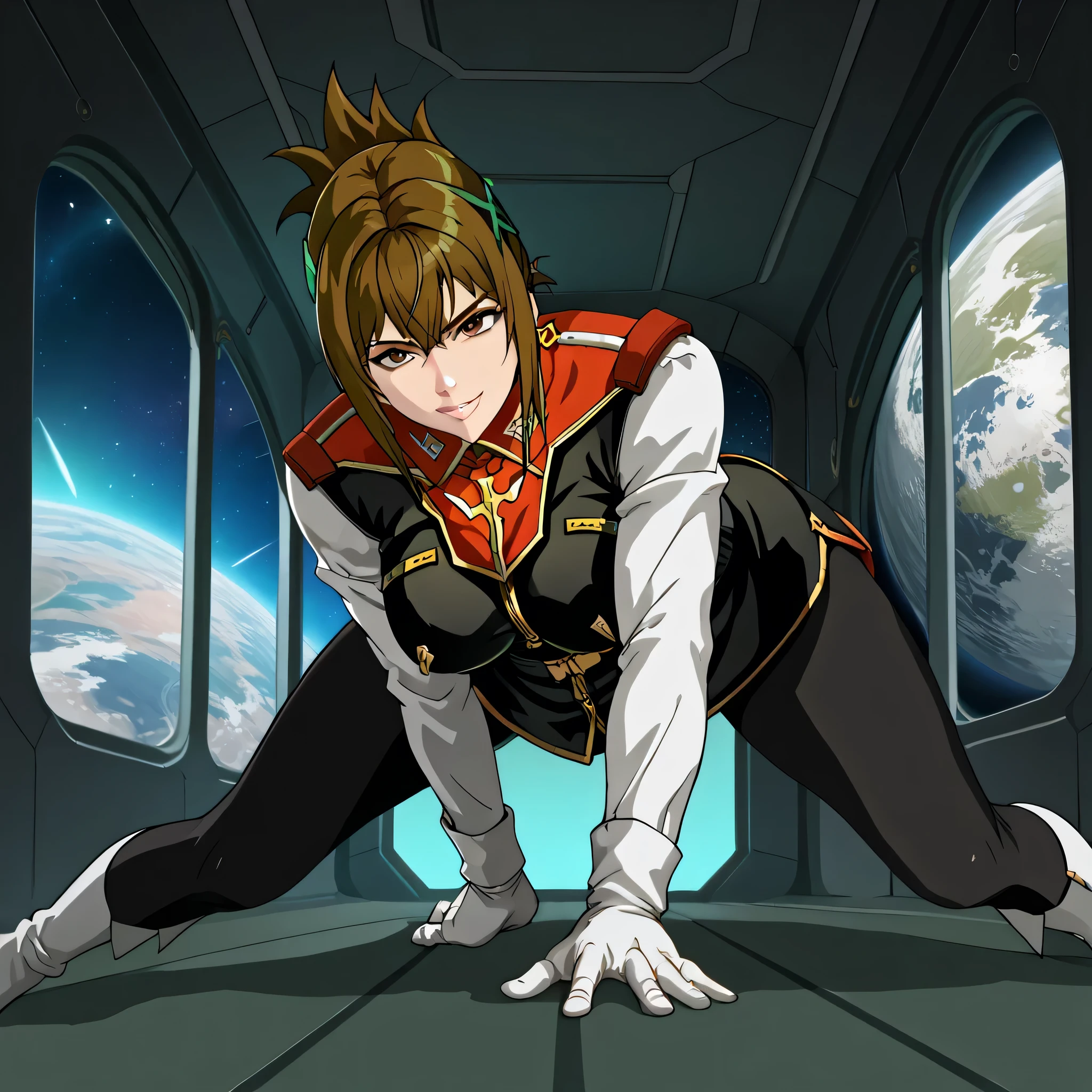 ultra-High resolution, score_9,score_8_up,score_7_up,score_6_up,score_5_up,score_4_up, BREAK, source_anime, anime screencap, uncensored, rating_explicit, Masterpiece, curvy, looking at viewer, Fighting Stance, (((solo, 1girl))), hair ornament, (((TitanOutfit))), full body, ZetaGBTT, seductive pose, submissive pose, large breast, huge breast, smile, gentle smile, srwChitose, folded ponytail, brown hair, green hair, brown eyes, happy trance, lean forward, bent over, hand between legs, spaceship background, window, space