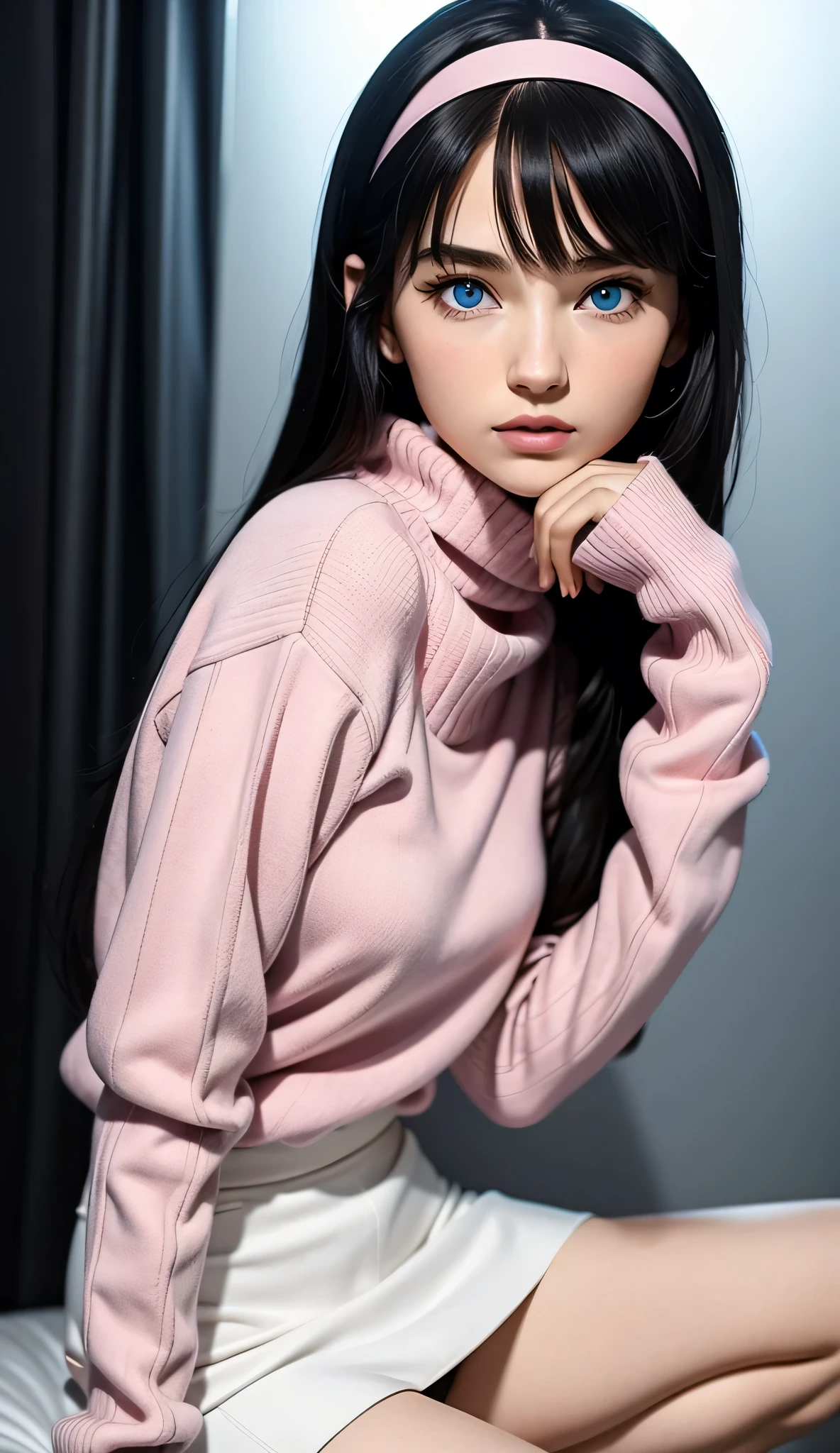 ultra-detailliert, (Real: 1.5), Very detailed, ultra-detailliert, Extreme Detail, High quality, Full body, Solo, 1 woman, Cool face, detailed eyes, detailed nose, (Exquisite facial features), Studio Lighting, tween, small breasts, blue eyes, black hair, long hair, straight hair, bangs, pink headband, pink turtleneck sweater, white miniskirt