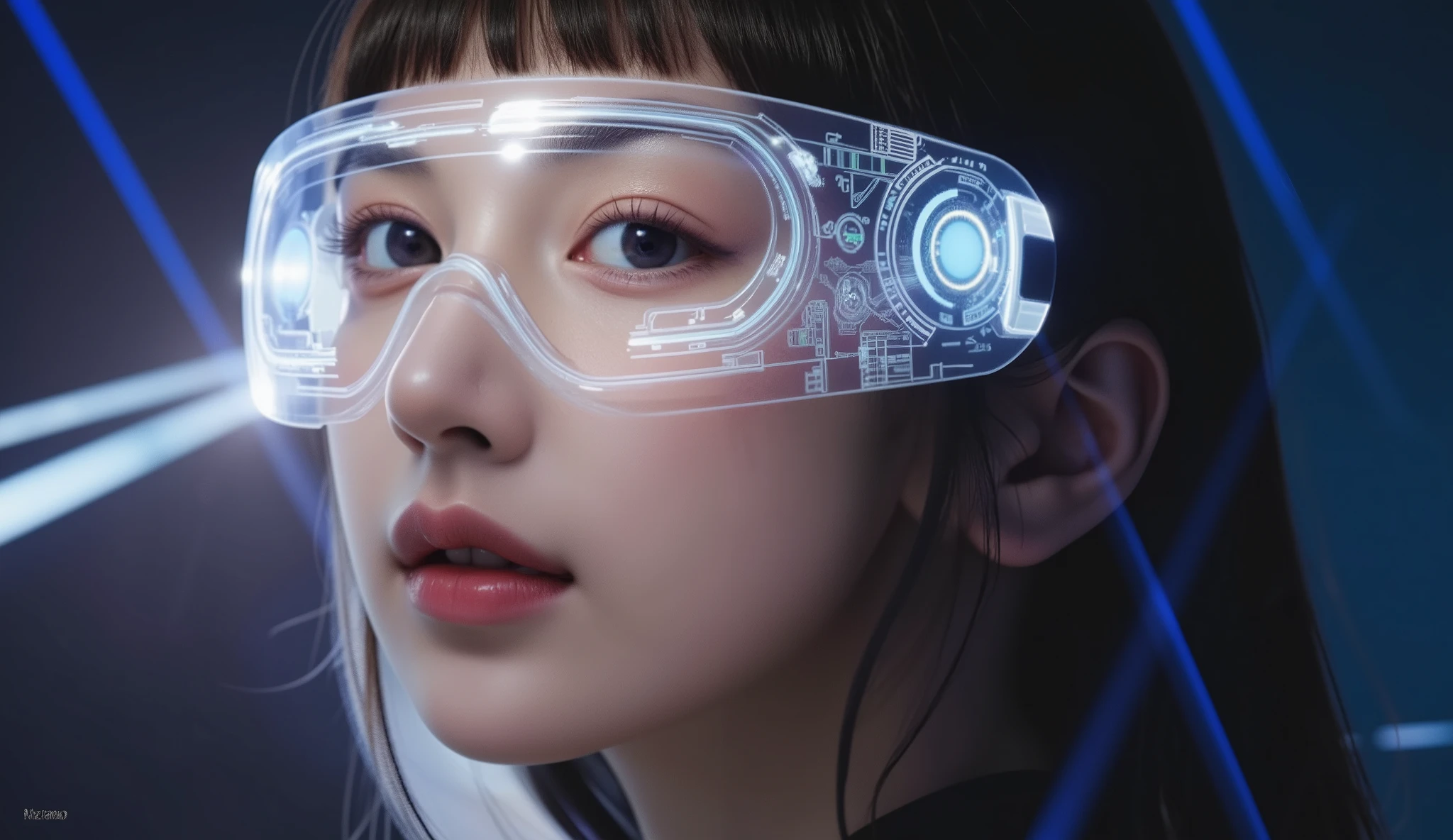 /imagine prompt: "A futuristic cyberpunk-inspired female model wearing high-tech transparent augmented reality (AR) visor glasses. The visor emits a glowing white-blue holographic HUD with intricate digital interface elements, including circular data displays and technical readouts. The woman has straight black hair with blunt bangs, and her eyes are sharply lined with bold, futuristic makeup. Her lips are soft and glossy, reflecting the ambient neon lights. The lighting is cinematic, with deep blue tones and lens flares cutting across the frame. The background is blurred and dark, with hints of a high-tech cyber-cityscape, illuminated by neon reflections. A highly detailed, ultra-realistic digital painting, cyberpunk aesthetics, sci-fi photography, cinematic lighting, high-definition textures --ar 16:9 --v 6.0"