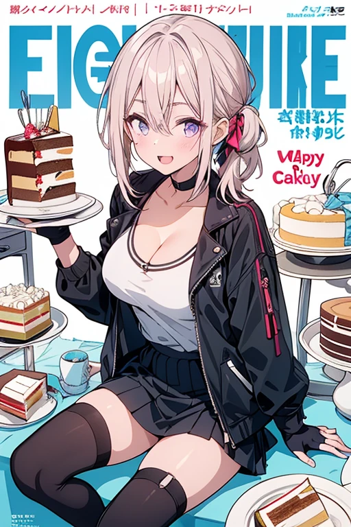 1 girl, small nose, very beautiful detailed face and eyes, bright colors, cute face, delicate beautiful face, Bright magenta eyes, cute eyes, sparkling eyes, Big eyes, (big breasts:1.3), (perky chest:1.1), (pointed chest:1.0), (cake magazine cover:1.3)，highest quality, WorKs of masters, High resolution,BlacK color hair，shiny hair, side ponytail,hair between eyes,bangs, (black jacket, real clothes, cleavage, black skirts, black thighhighs, thigh strap, fingerless gloves, single glove:1.2) , spread legs, panties shot, medium hips, glamorous body, white skin, smile, thin pubric hair, super beautiful face, Super beautiful eyes, Super beautiful hair，trendy outfit，sexy and attractive,full body esbian, Real World, Natural light,perfect Natural light,(with sparkling eyes and a contagious smile), This masterpiece is not only visually stunning but also tells, make of cake cooking , in the kitchen, open mouth, looking at viewer, 