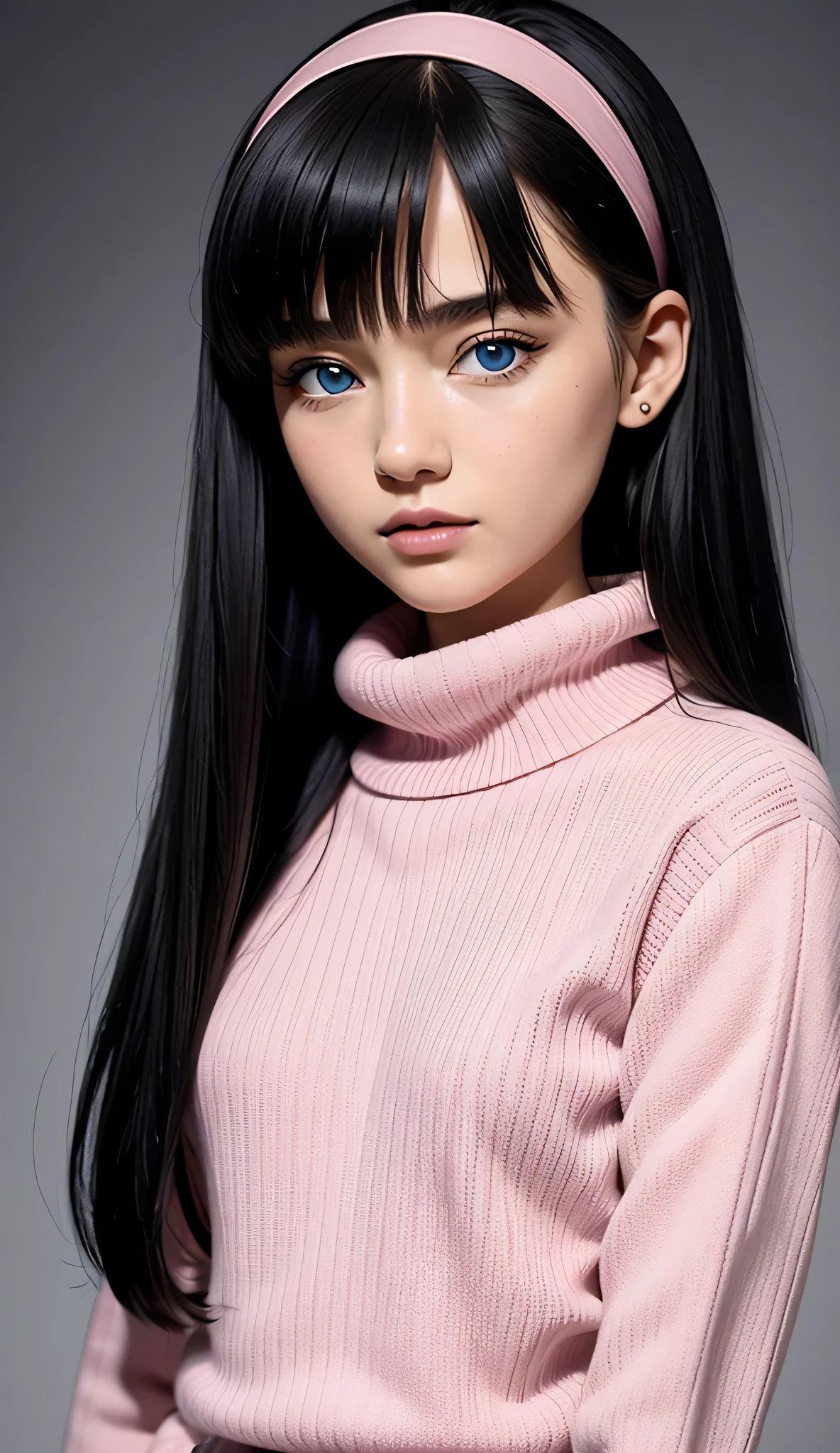 ultra-detailliert, (Real: 1.5), Very detailed, ultra-detailliert, Extreme Detail, High quality, Full body, Solo, 1 woman, Cool face, detailed eyes, detailed nose, (Exquisite facial features), Studio Lighting, tween, small breasts, blue eyes, black hair, long hair, straight hair, bangs, pink headband, pink turtleneck sweater
