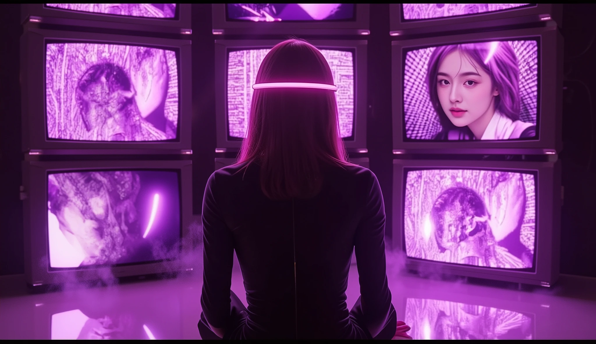 /imagine prompt: "A futuristic cyberpunk scene featuring a silhouetted figure sitting in front of a wall of vintage CRT monitors, each displaying distorted, glitchy, and surreal purple-toned imagery. The figure wears a sleek black outfit with a glowing neon headpiece that emits a thin, pulsating magenta light. The atmosphere is dark and mysterious, with a soft haze in the air reflecting the intense purple and pink neon glow from the screens. The glossy floor reflects the eerie light, enhancing the dystopian aesthetic. The monitors show fragmented faces, distorted static patterns, and surreal sci-fi visuals, creating a hypnotic and immersive effect. A highly detailed, ultra-realistic cyberpunk digital painting, cinematic lighting, retro-futuristic aesthetics, high-definition textures --ar 16:9 --v 6.0"