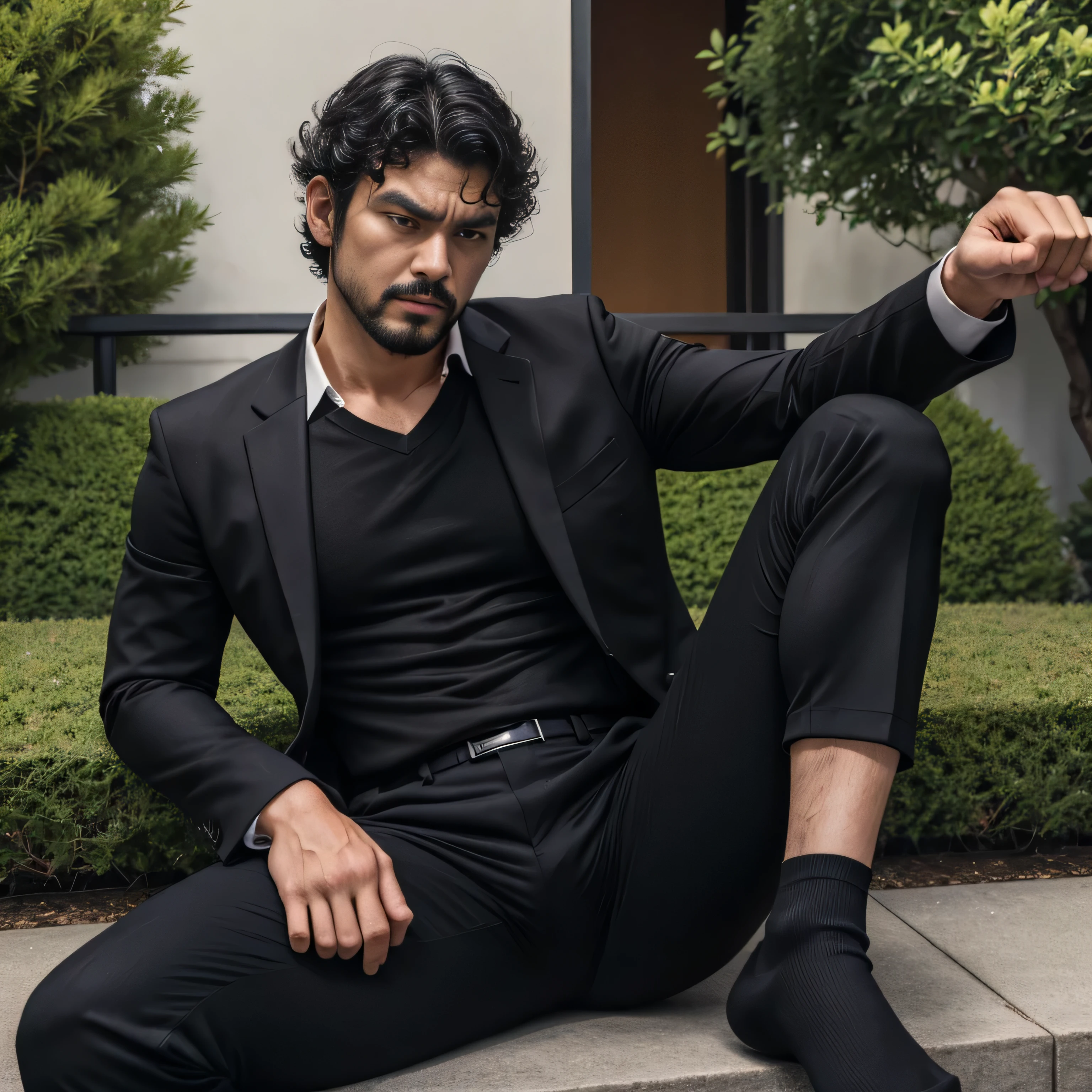 29 years old、handsome guy ,  1 Man, black suit、 black shirt、 black slim pants、Hiroyuki Tashiro 。Short hair punch perm、garden。　Menacing look　　 Face Up 　 stubble、 Face Up 　　　　Painful and painful face 　 sit with  　Black socks　A manly provocation　Big brother Ai is angry
