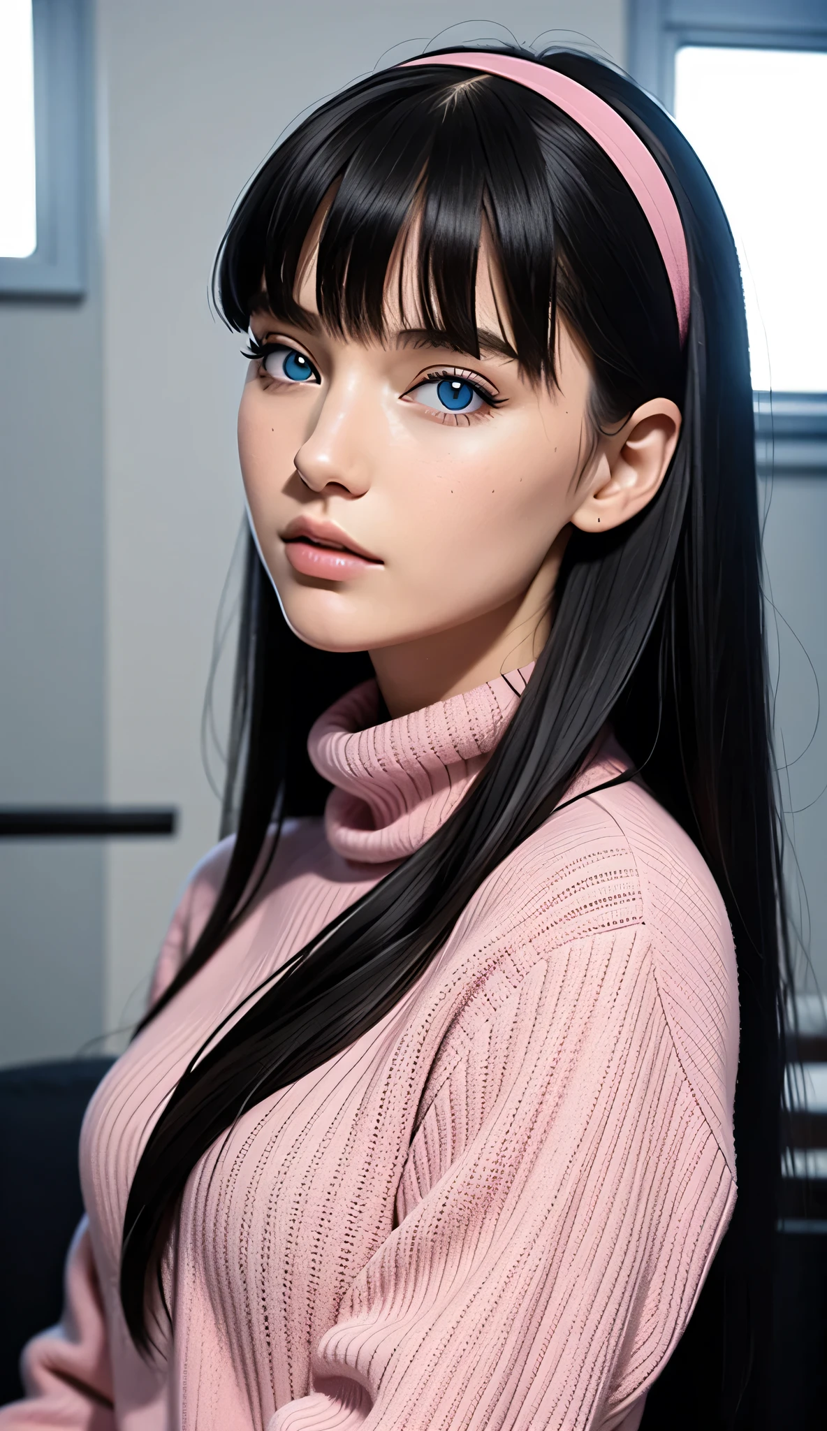ultra-detailliert, (Real: 1.5), Very detailed, ultra-detailliert, Extreme Detail, High quality, Full body, Solo, 1 woman, Cool face, detailed eyes, detailed nose, (Exquisite facial features), Studio Lighting, tween, small breasts, blue eyes, black hair, long hair, straight hair, bangs, pink headband, pink turtleneck sweater