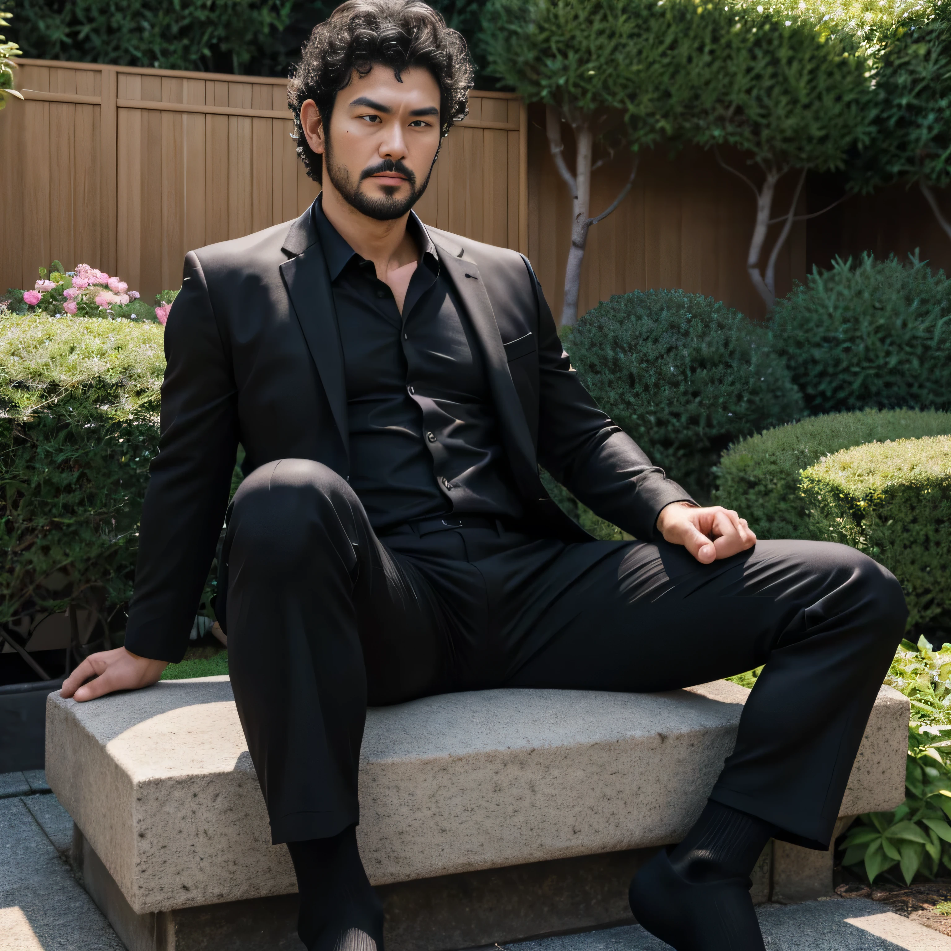 29 years old、handsome guy ,  1 Man, black suit、 black shirt、 black slim pants、Hiroyuki Tashiro 。Short hair punch perm、garden。　Menacing look　　 Face Up 　 stubble、 Face Up 　　　　Painful and painful face 　 sit with  　Black socks　A manly provocation　Big brother love 