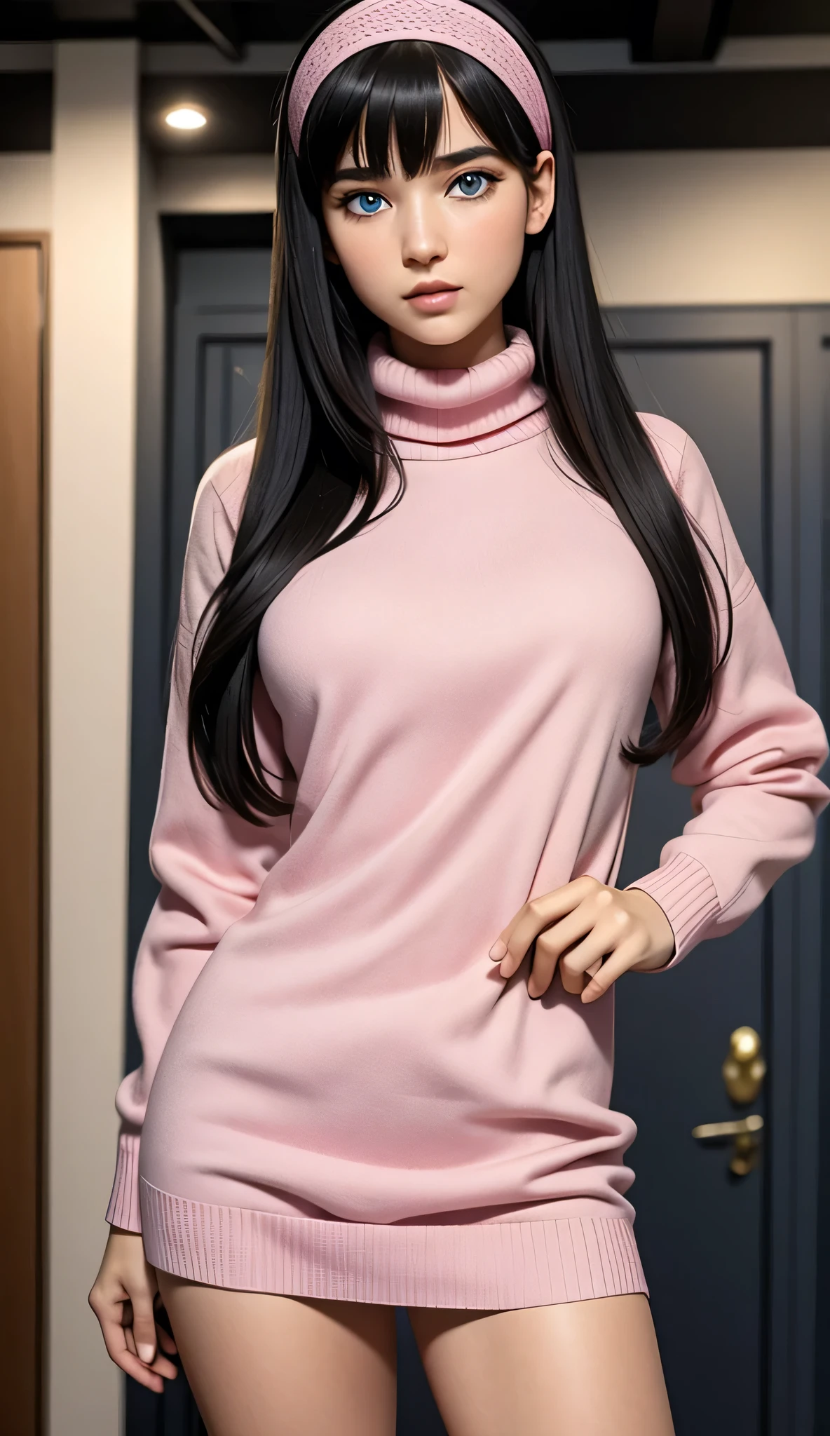 ultra-detailliert, (Real: 1.5), Very detailed, ultra-detailliert, Extreme Detail, High quality, Full body, Solo, 1 woman, Cool face, detailed eyes, detailed nose, (Exquisite facial features), Studio Lighting, tween, small breasts, blue eyes, black hair, long hair, straight hair, bangs, pink headband, pink turtleneck sweater