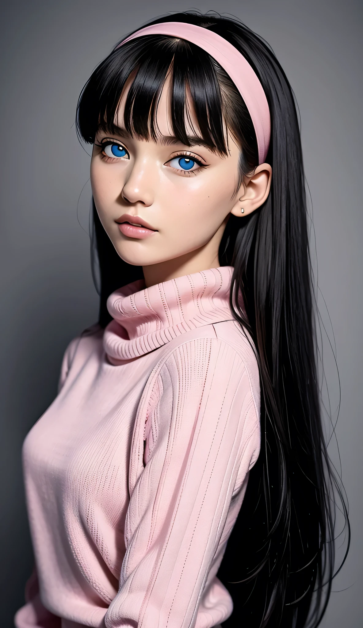 ultra-detailliert, (Real: 1.5), Very detailed, ultra-detailliert, Extreme Detail, High quality, Full body, Solo, 1 woman, Cool face, detailed eyes, detailed nose, (Exquisite facial features), Studio Lighting, tween, small breasts, blue eyes, black hair, long hair, straight hair, bangs, pink headband, pink turtleneck sweater