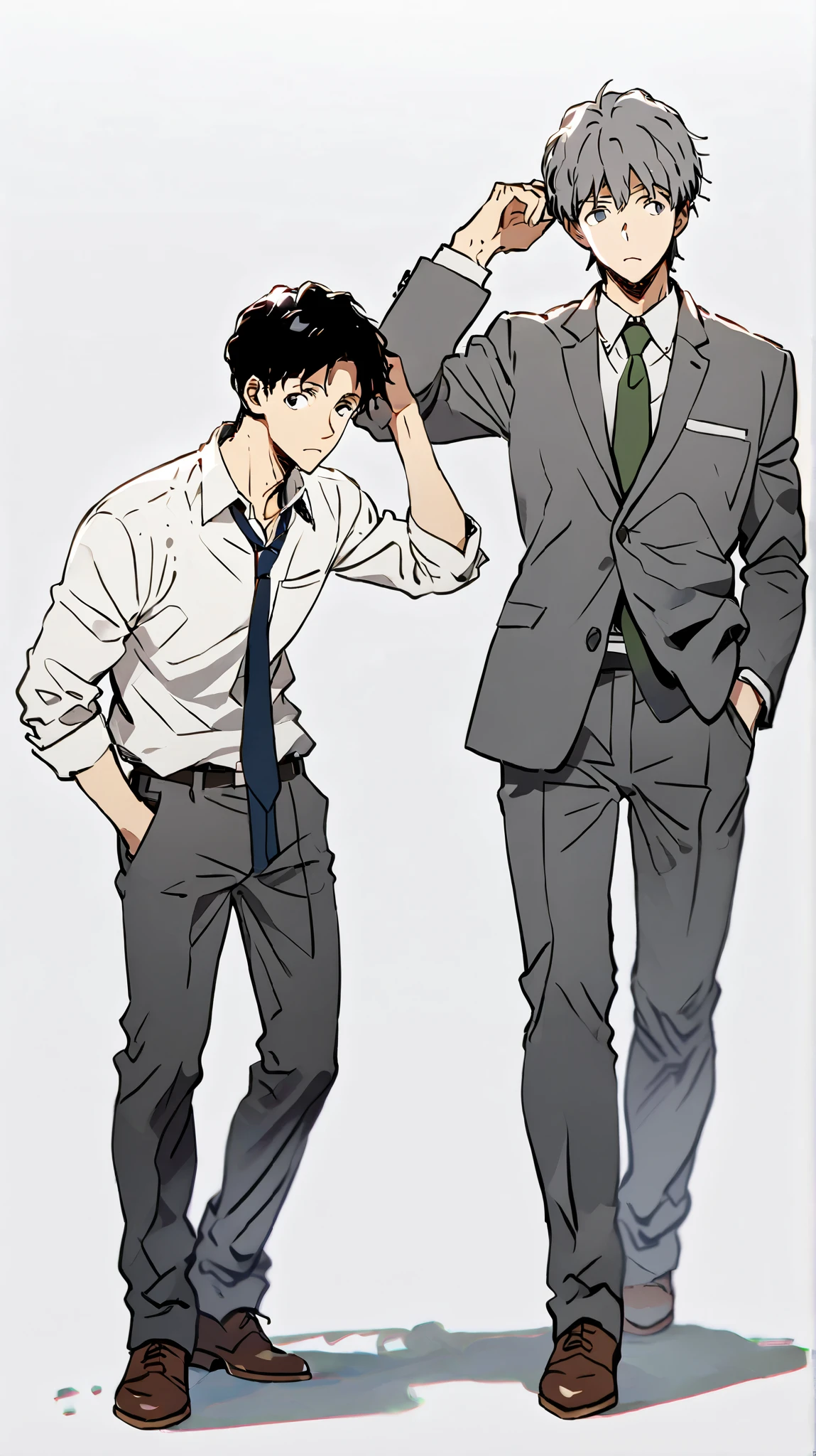 Sanpaku, 35years old, middle aged, suit, White background, illustration, full body, wide shot, front view, middle aged, standing, stylish pose, looking at viewer, Body facing front、 stubborn 、Gray Hair、The way clothes are worn sloppy、 is scratching her head with her right hand、Skinny and hunched、I'm sticking my left hand into my pants pocket、Don't fasten buttons on clothes、 sloppy shirt、Loosening his tie、 leaning forward 、Bending the waist、