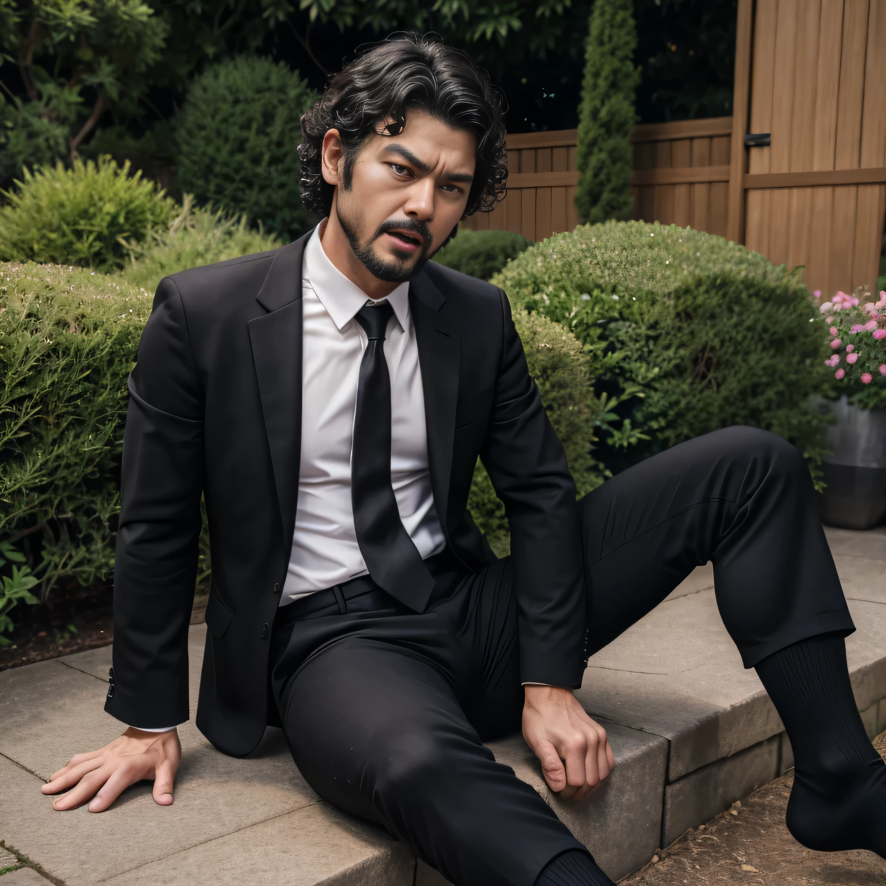 29 years old、handsome guy ,  1 Man, black suit、 black shirt、 black slim pants、Hiroyuki Tashiro 。Short hair punch perm、garden。　Menacing look　　 Face Up 　 stubble、 Face Up 　　　　Painful and painful face 　 sit with  　Black socks　A manly provocation　 I'm screaming with my mouth wide open
