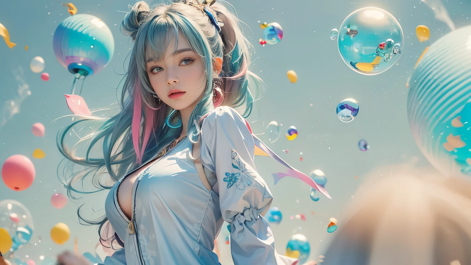( Masterpiece), ( fringe), ( very detailed), ( disheveled hair ), (form), ( A Girl), (fashionable clothes), They are standing, model, observer, (interview), ( simple background), beautiful and beautiful eyes , delicate and beautiful face, floating, (Alta Chroma ), (Colorful Bounce), Colorful bubbles, (brilliance), focus on the face, ponytail clothing, light blue hair , fringe, hair ring, flores floatings, cabelos floatings, (o brilliance), Better lighting, best shade , , firm and wobbly