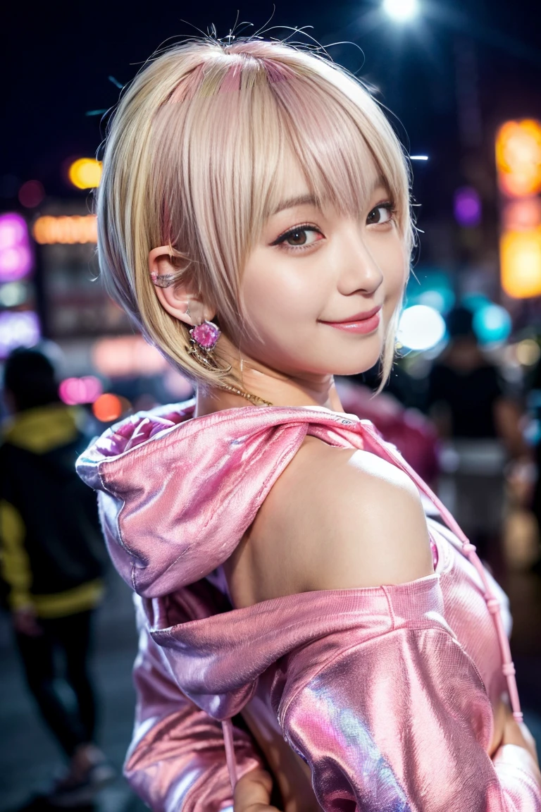 Beautiful Japanese woman, Beautiful smile, Lip gloss, Dramatic makeup, Close-up photo, (Large sparkly necklace), (big shiny bracelet), Inside the office, Improve, (((Medium platinum blonde hair with dark pink highlights))), ((Business style dark gray and dark pink leather dress)), Sweet and sexy, Captivating look,Adorable look,