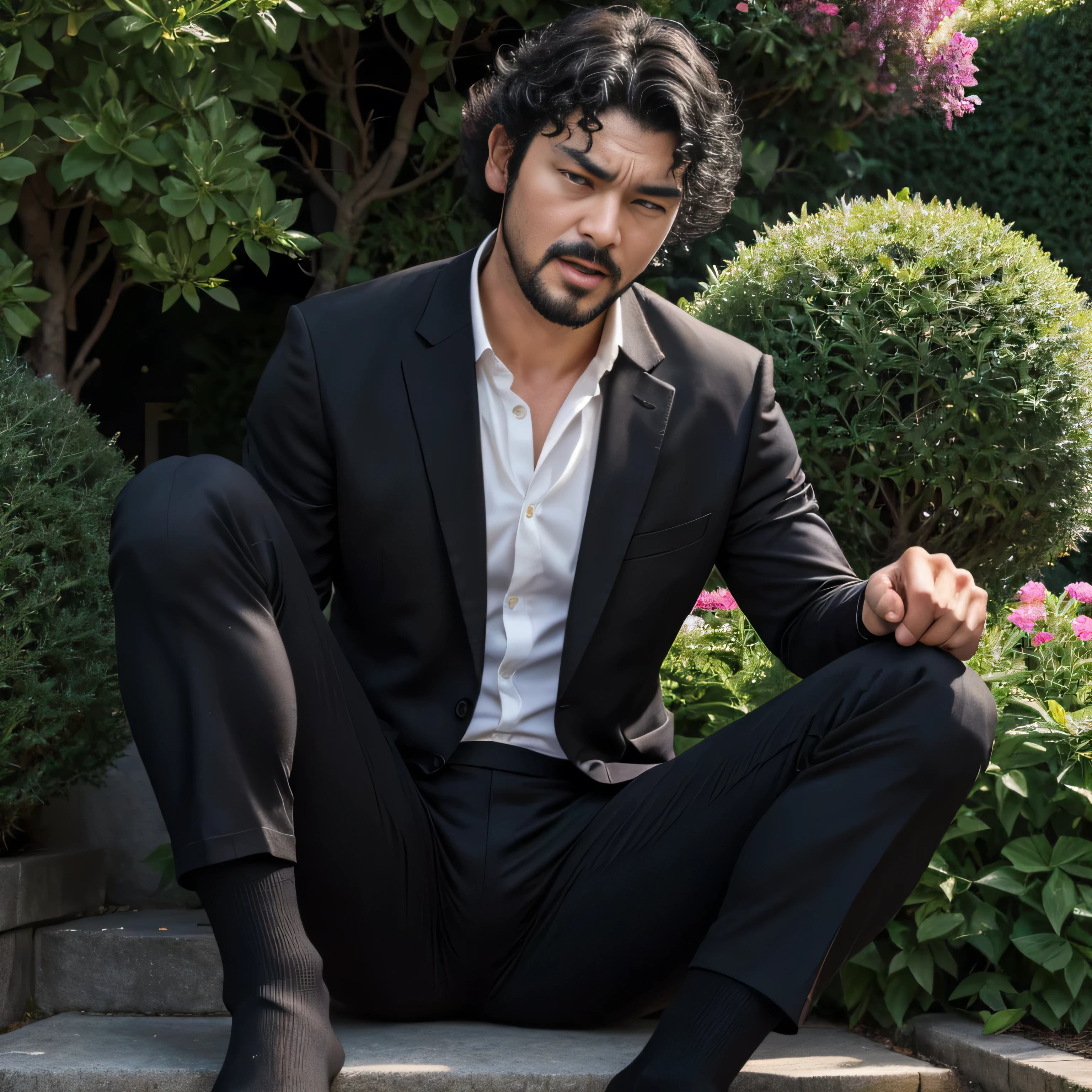 29 years old、handsome guy ,  1 Man, black suit、 black shirt、 black slim pants、Hiroyuki Tashiro 。Short hair punch perm、garden。　Menacing look　　 Face Up 　 stubble、 Face Up 　　　　Painful and painful face 　 sit with  　Black socks　A manly provocation　 I'm screaming with my mouth wide open
