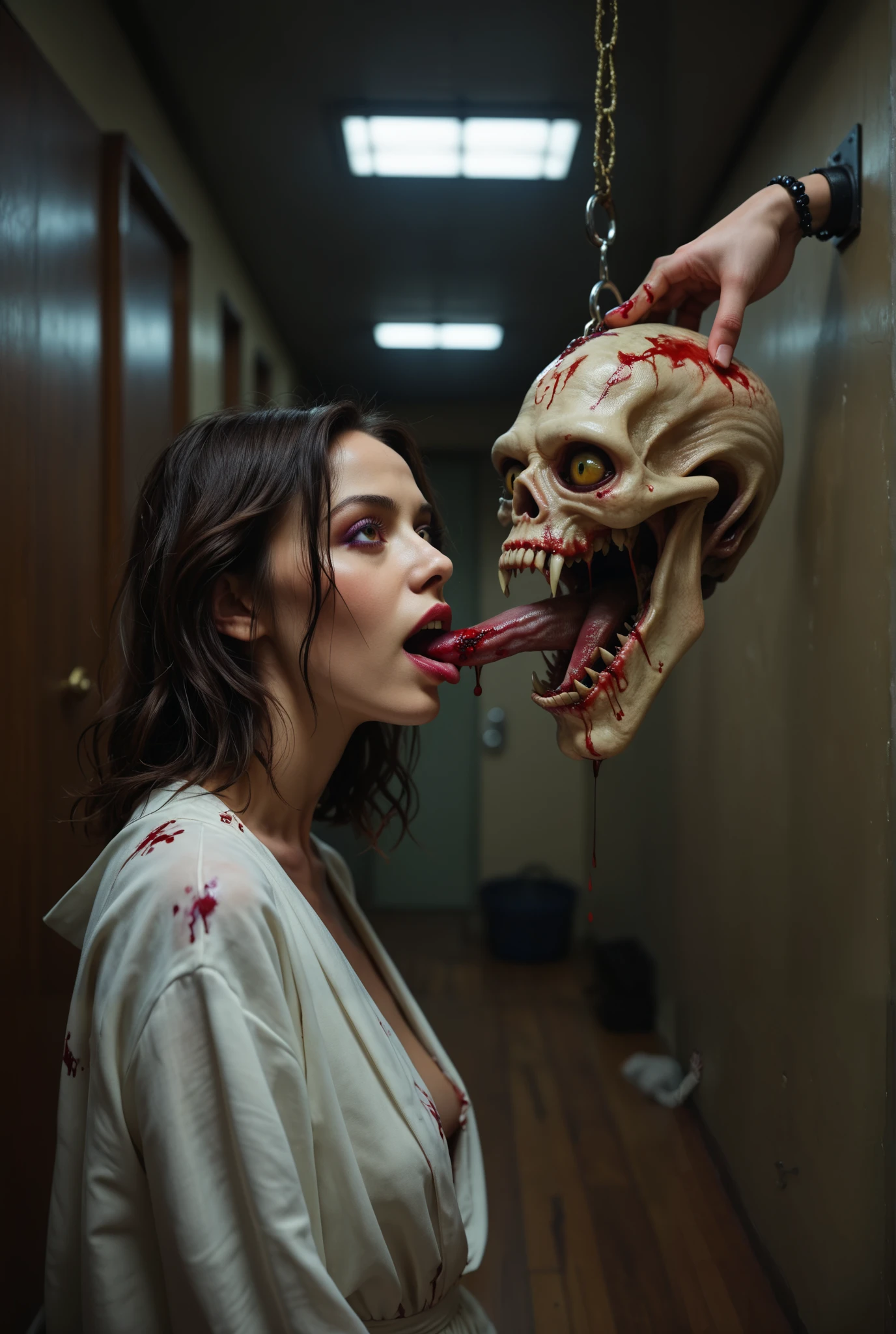 arafed woman in a white robe standing in a hallway with a bloody heart hanging from a hook, movie still of the alien girl, psychological horror movie still, film still from a horror movie, still from horror movie, from a 2 0 1 9 sci fi 8 k movie, they share one head. cinematic, film still from horror movie