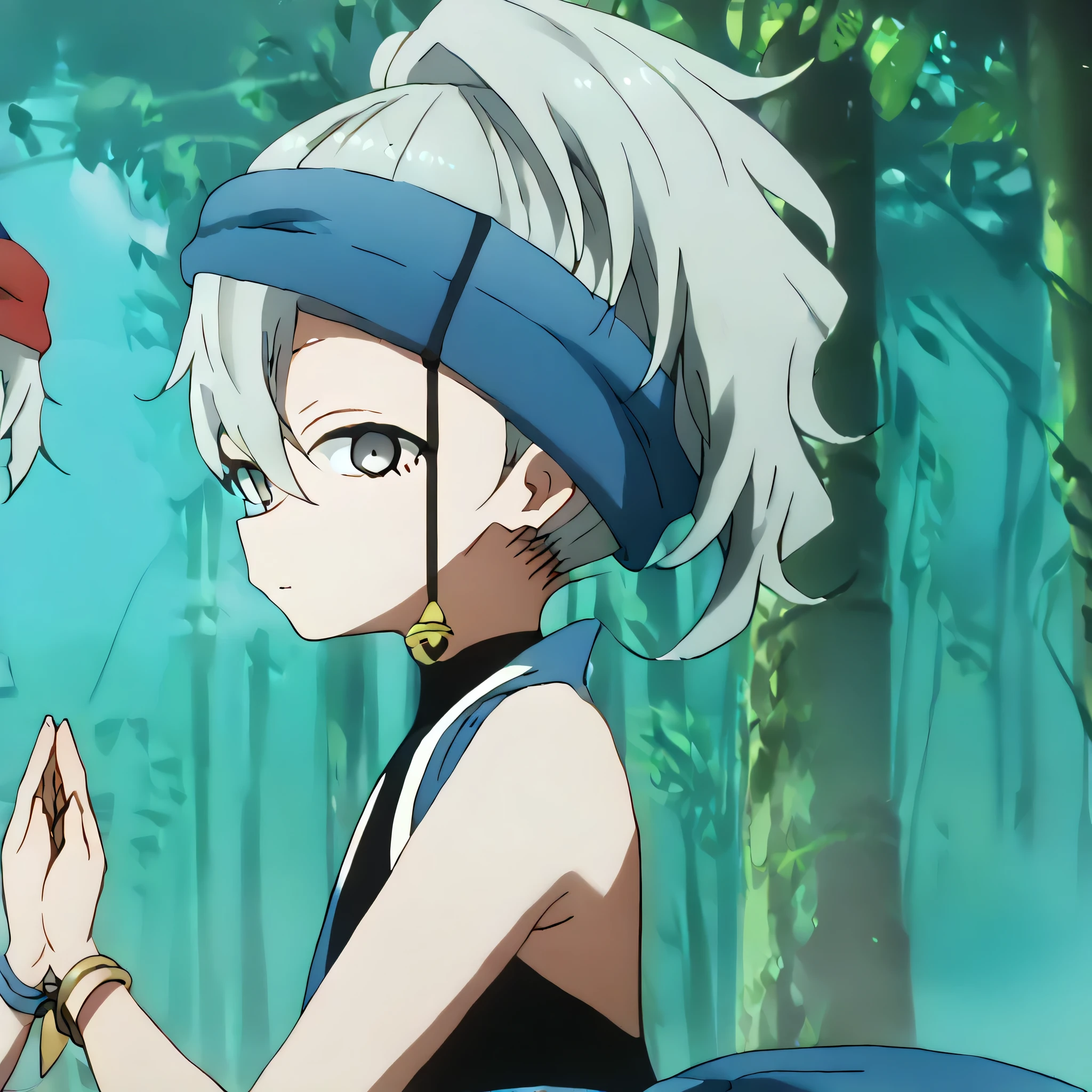 (((Masterpiece))), (((Best Quality))), ((Super Detail)), ultra-High resolution, score_9,score_8_up,score_7_up,score_6_up,score_5_up,score_4_up, BREAK, source_anime, anime screencap, uncensored, rating_explicit, Masterpiece, curvy, dark persona, empty eyes, expressionless, blank eyes, looking at viewer, full body, emotionless, Fighting Stance, horizontal pupils, black leotard, clothing cutout, high heel boots, knee boots, circlet, armlet, bracelet, belt, halterneck, (((duo, 2girls))), hair ornament, seductive pose, submissive pose, small breast, Uikyou, red headband, grey eyes, grey hair, ponytail, hair between eyes, single jingle bell, Kikyou, blue hairband, fog background, mist background, forest background, looking from side, view from side, from side