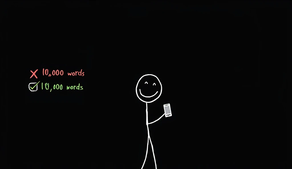 A minimalist white stick figure drawing set against a completely black background, depicting a smiling stick figure holding a smartphone. To the left of the figure, two lines of text compare different word counts:

A red X next to '10,000 words,' indicating disapproval or inefficiency.
A green checkmark next to '1,000 words,' suggesting a more effective or preferred choice.
The image humorously conveys the idea of brevity being better, possibly advocating for concise communication, summarization, or efficient learning