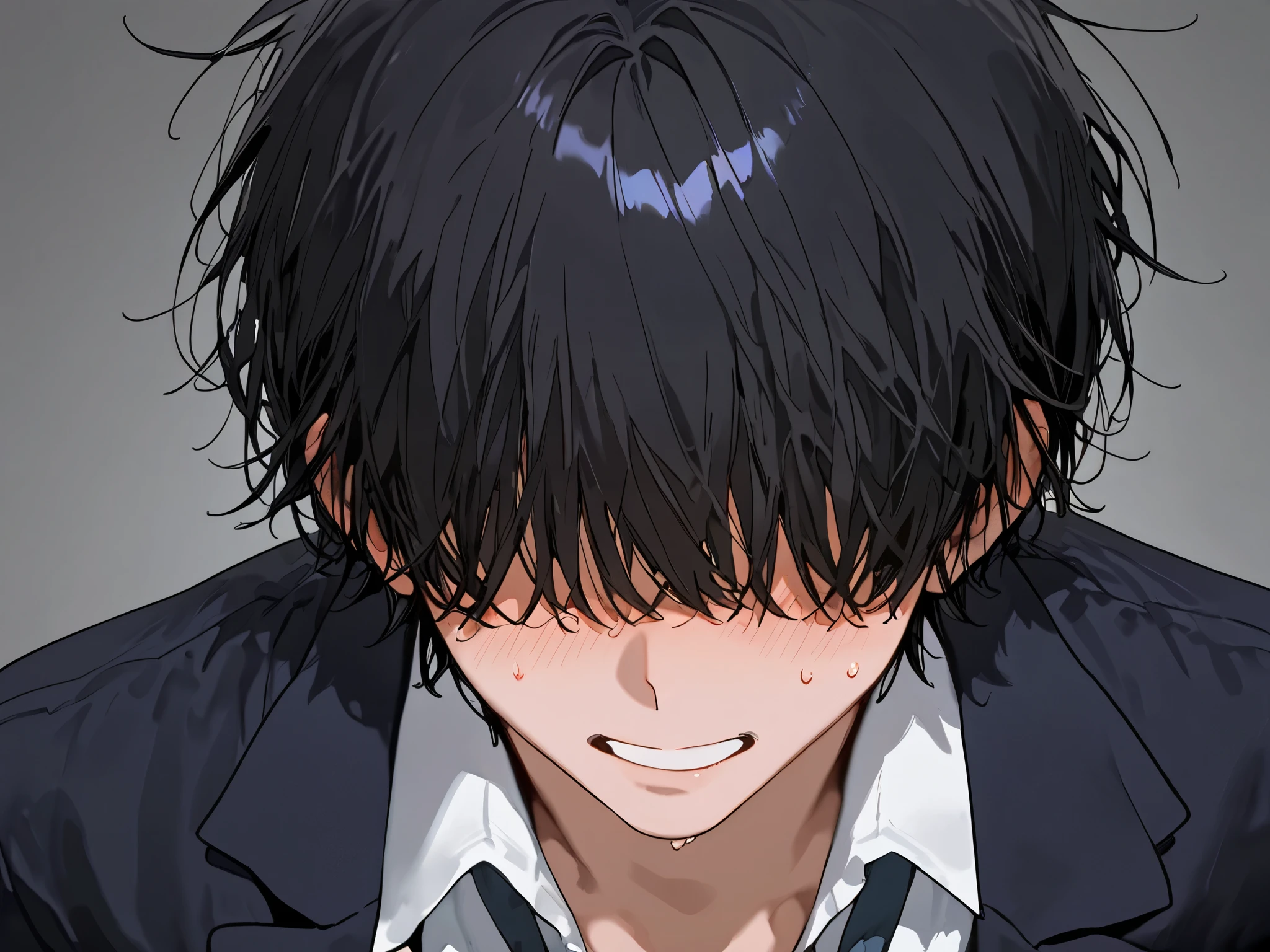 1male, messy black hair, bamgs over the eyes, school uniform, sexy 