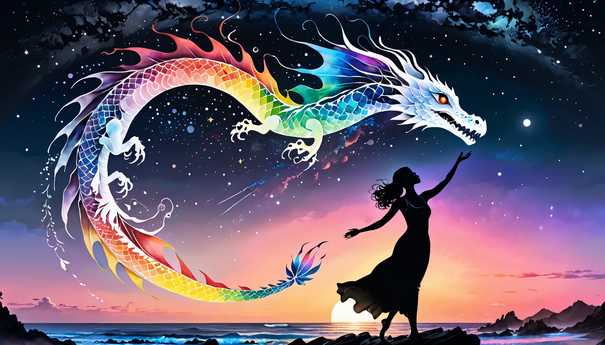 A serene silhouette artwork showing a woman with her arms raised, reaching towards the sky. Her silhouette blends with that of a  rainbow dragon, perched delicately on her hands, under the glow of a full moon. The background features a star-filled night sky with subtle hints of swirling, abstract patterns. The double exposure effect merges the woman’s reaching form with the colorful, delicate dragon, creating a composition that feels both uplifting and magical. The colors are primarily dark blues and blacks with bright white, silver highlights, and vibrant rainbow tones from the dragon.