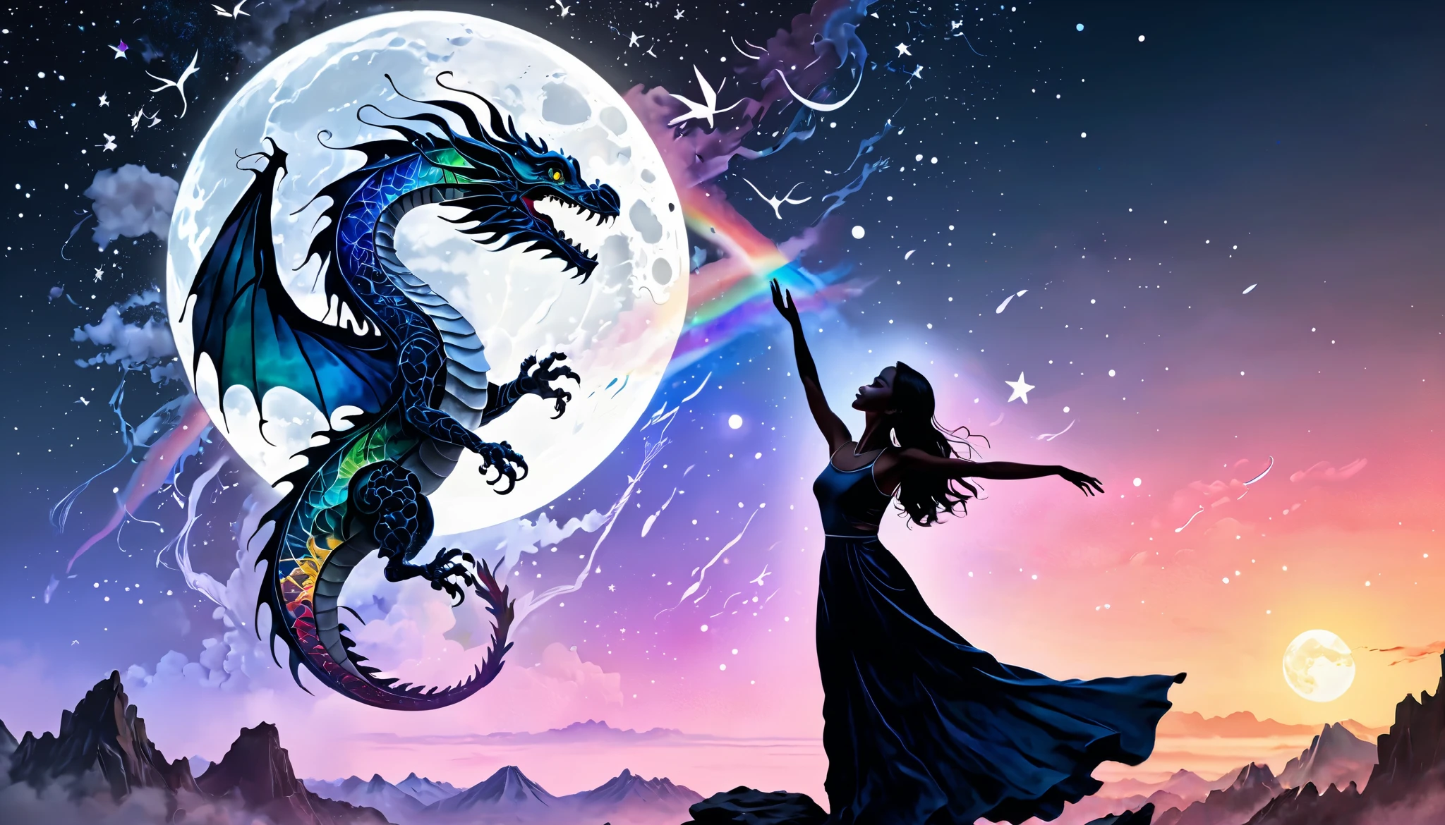 A serene silhouette artwork showing a woman with her arms raised, reaching towards the sky. Her silhouette blends with that of a  rainbow dragon, perched delicately on her hands, under the glow of a full moon. The background features a star-filled night sky with subtle hints of swirling, abstract patterns. The double exposure effect merges the woman’s reaching form with the colorful, delicate dragon, creating a composition that feels both uplifting and magical. The colors are primarily dark blues and blacks with bright white, silver highlights, and vibrant rainbow tones from the dragon.