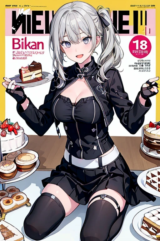 1 girl, small nose, very beautiful detailed face and eyes, bright colors, cute face, delicate beautiful face, Bright magenta eyes, cute eyes, sparkling eyes, Big eyes, (big breasts:1.3), (perky chest:1.1), (pointed chest:1.0), (cake magazine cover:1.3),highest quality, WorKs of masters, High resolution,BlacK color hair,shiny hair, side ponytail,hair between eyes,bangs, (black jacket, real clothes, cleavage, black skirts, black thighhighs, thigh strap, fingerless gloves, single glove:1.2) , spread legs, panties shot, medium hips, glamorous body, white skin, smile, thin pubric hair, super beautiful face, Super beautiful eyes, Super beautiful hair,trendy outfit,sexy and attractive,full body esbian, Real World, Natural light,perfect Natural light,(with sparkling eyes and a contagious smile), This masterpiece is not only visually stunning but also tells, make of cake cooking , in the kitchen, open mouth, looking at viewer,