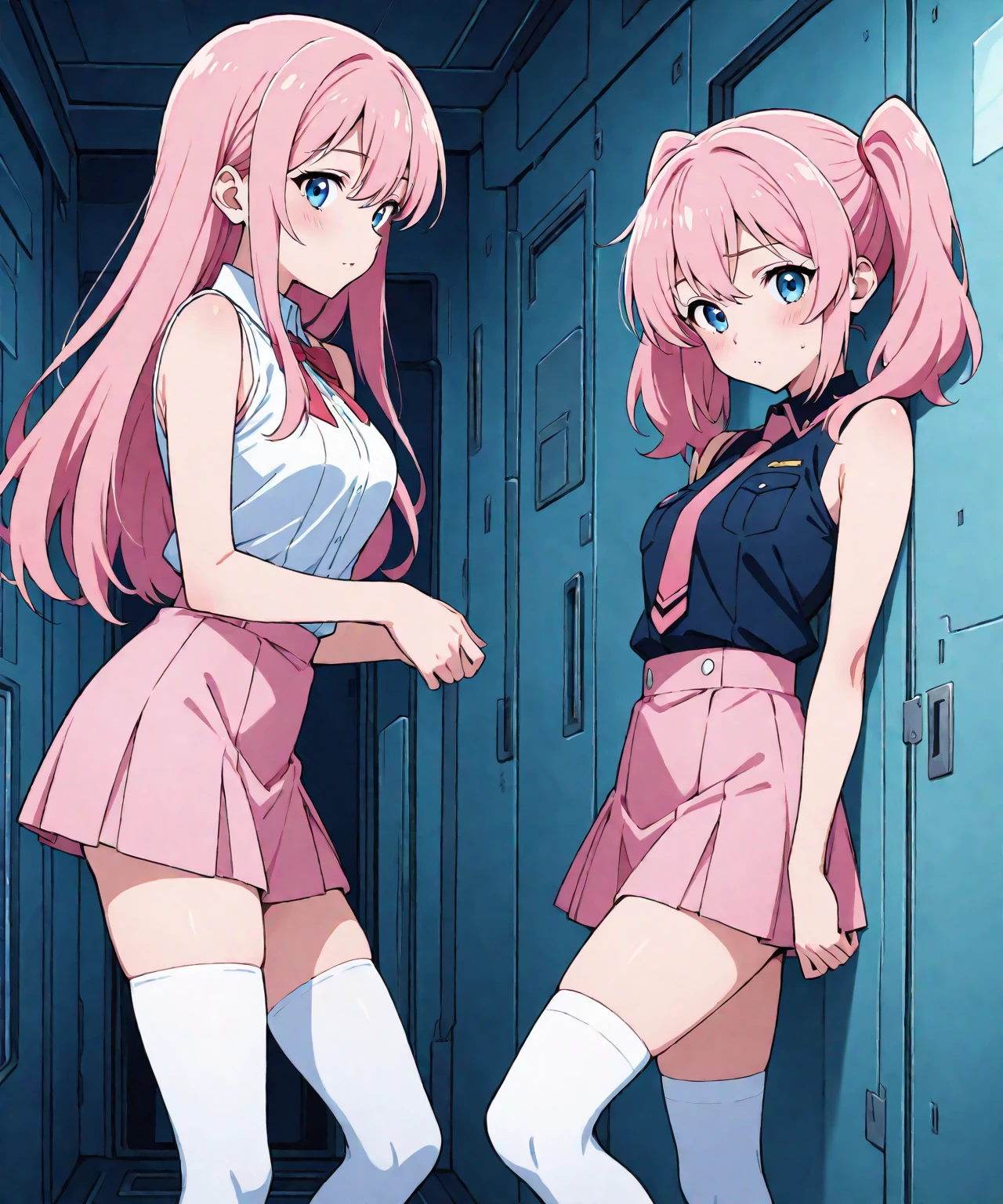 Masterpiece. High quality. cute anime girl, with long, pink hair, and wearing a pink school uniform, white panties, and white tights lifting up her skirt and peeing.
