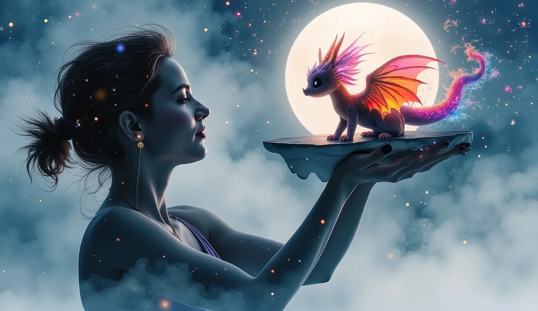 A serene silhouette artwork showing a woman with her arms raised, reaching towards the sky. Her silhouette blends with that of a  rainbow dragon, perched delicately on her hands, under the glow of a full moon. The background features a star-filled night sky with subtle hints of swirling, abstract patterns. The double exposure effect merges the woman’s reaching form with the colorful, delicate dragon, creating a composition that feels both uplifting and magical. The colors are primarily dark blues and blacks with bright white, silver highlights, and vibrant rainbow tones from the dragon.