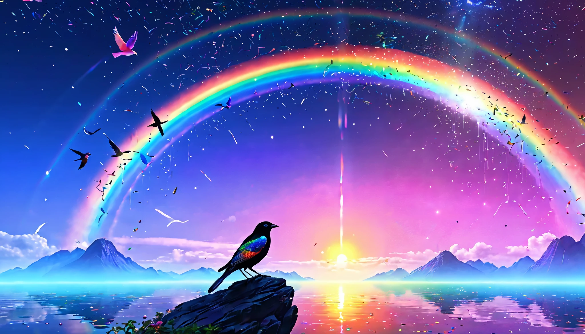 bird、A rainbow-colored bird、An immortal bird flying in the rainbow sky,colorful,beauttiful stars,wonderful view,Utopia,An atmosphere full of dreams and hope,masterpiece.16k, Ultra-high resolution, Ultra-high resolution, to be born,wonderful ,future、iridescent、The world 30 years from now。