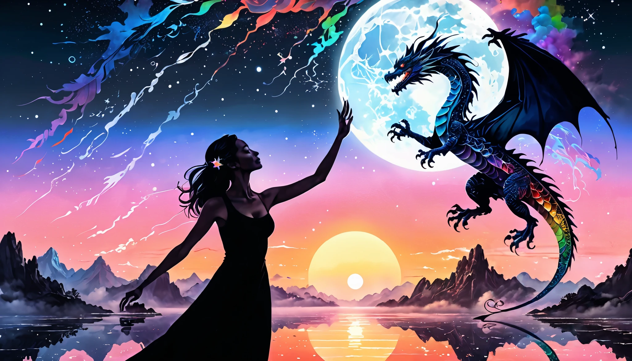 A serene silhouette artwork showing a woman with her arms raised, reaching towards the sky. Her silhouette blends with that of a rainbow dragon, perched delicately on her hands, under the glow of a full moon. The background features a star-filled night sky with subtle hints of swirling, abstract patterns. The double exposure effect merges the woman’s reaching form with the colorful, delicate dragon, creating a composition that feels both uplifting and magical. The colors are primarily dark blues and blacks with bright white, silver highlights, and vibrant rainbow tones from the dragon.
