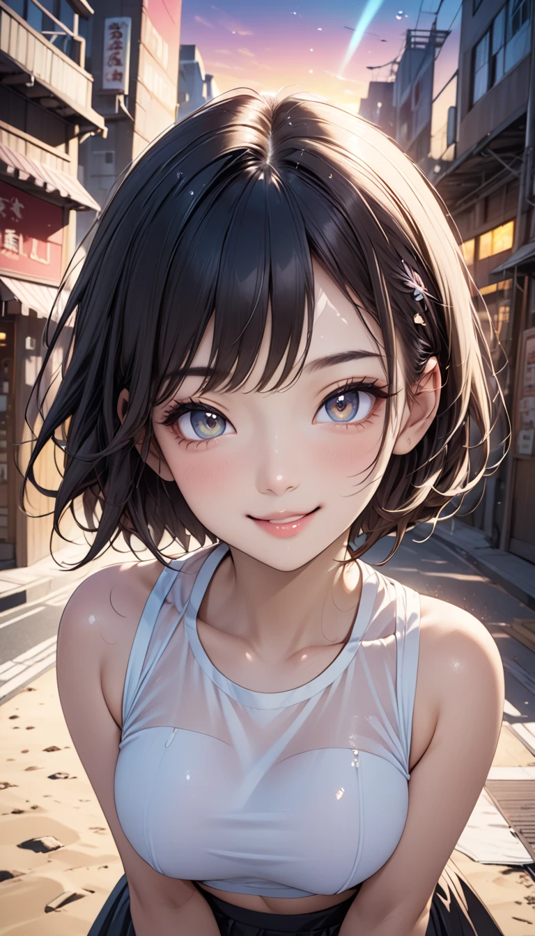 (8K, RAW Photos, Highest quality, masterpiece:1.3), (Realistic, photo-Realistic:1.4), (Highly detailed 8K wallpaper),One Girl, cute, Laughter, Professional Lighting, Plain,Photon Mapping, Radio City, Physically Based Rendering, Black Hair, Very short hair,Highest qualityの写真, High resolution, 1080P, (Beautiful face), (Detailed facial depiction), Vibrant, Extreme light and shadow, Dolly Bang Hair, masterpiece, Rich details, (Detailed facial features), (Highest qualityの写真), (masterpiece), (Finely tuned), dual、Look in front of you, Thin clavicle,Inside the hotel