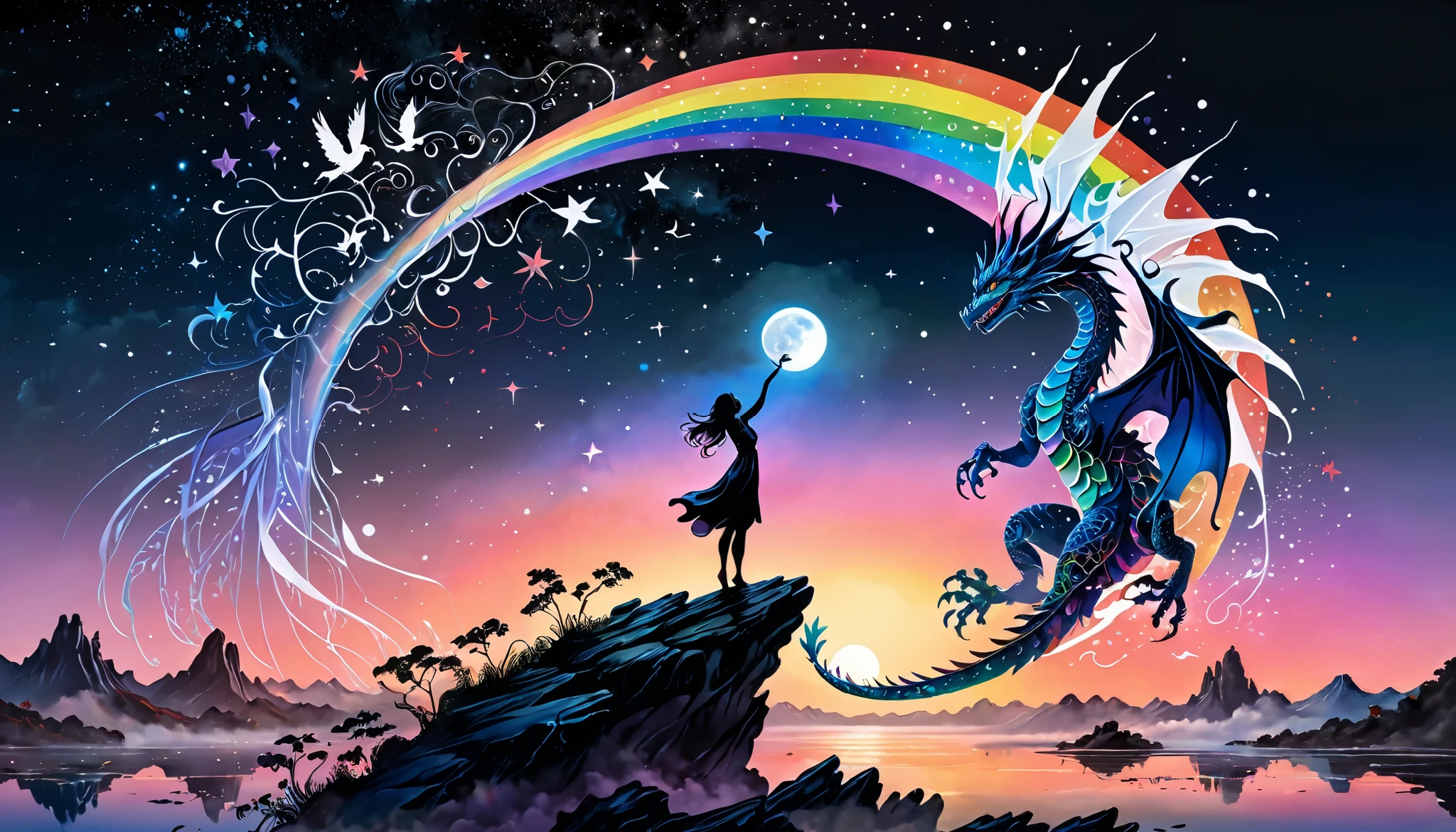 A serene silhouette artwork showing a woman with her arms raised, reaching towards the sky. Her silhouette blends with that of a  rainbow dragon, perched delicately on her hands, under the glow of a full moon. The background features a star-filled night sky with subtle hints of swirling, abstract patterns. The double exposure effect merges the woman’s reaching form with the colorful, delicate dragon, creating a composition that feels both uplifting and magical. The colors are primarily dark blues and blacks with bright white, silver highlights, and vibrant rainbow tones from the dragon.