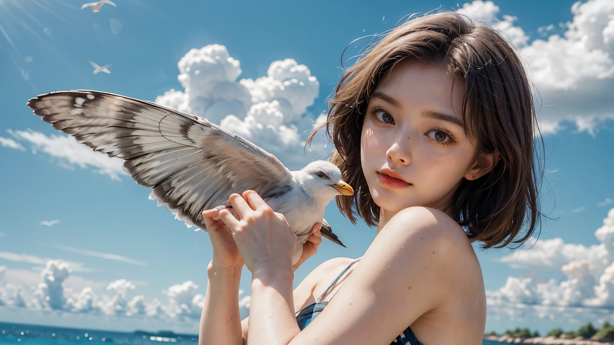 best quality, realistic, boat, 1girl, (laugh) , (birds on the boat)