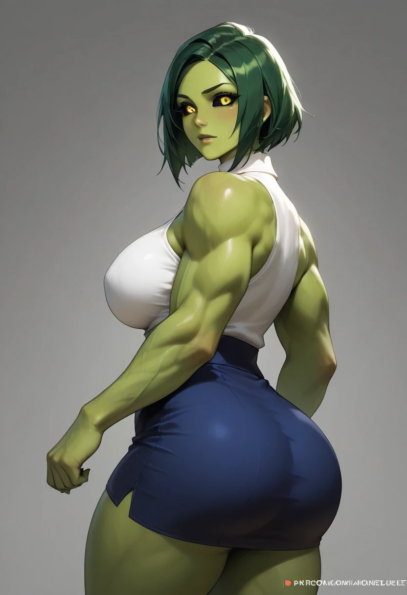 Full body image of an ogre woman, full body in image, wearing rugged fantasy-inspired outfit, long hair with ogre-like features (green skin, tusks, muscular build), female body, tall and powerful body, dynamic pose, detailed pose, simple background, expressive face showing fierceness, focus on face, line art, sketch